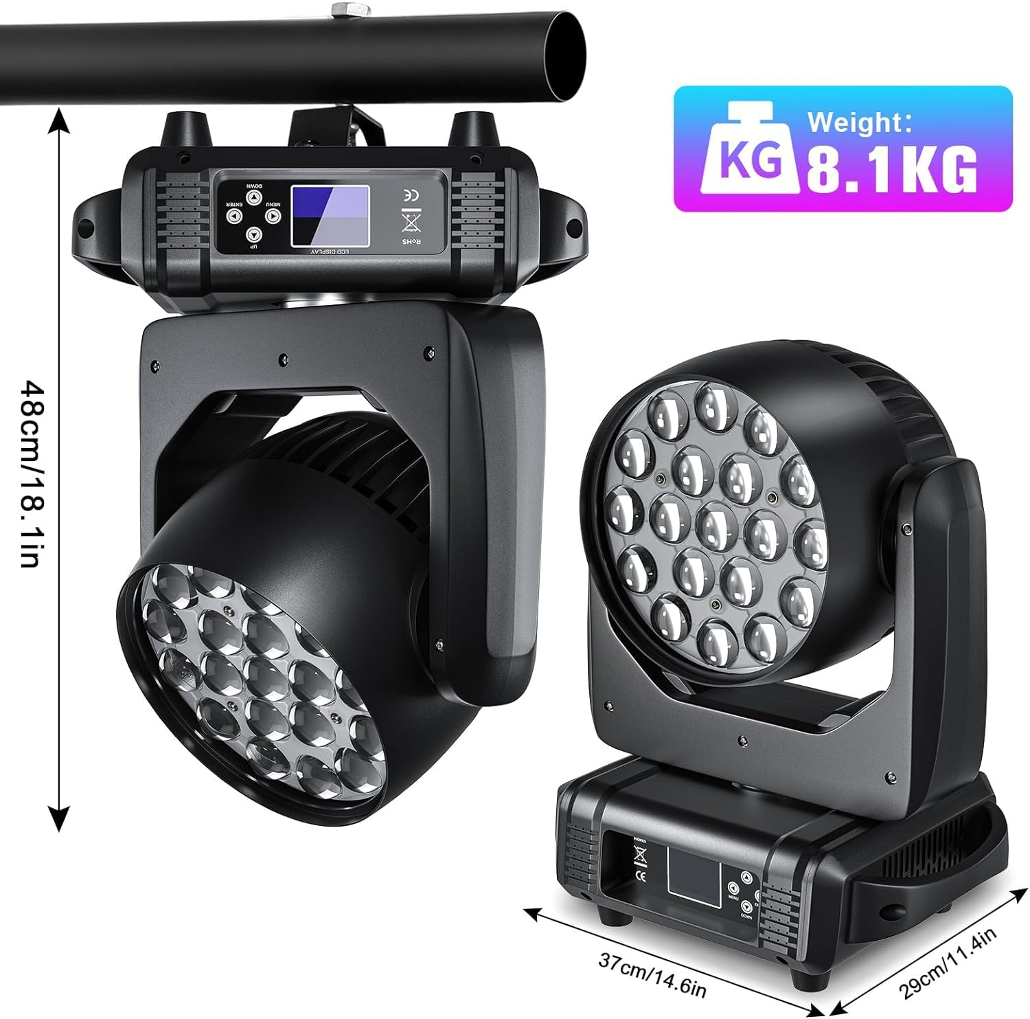 2er Pack 19x15W Moving Head LED Zoom DMX Beam Wash Effekt RGBW Bühne Lichter Professionelle Fokussierung DJ Lichter für Weihnachten Disco Party und Nachtclub