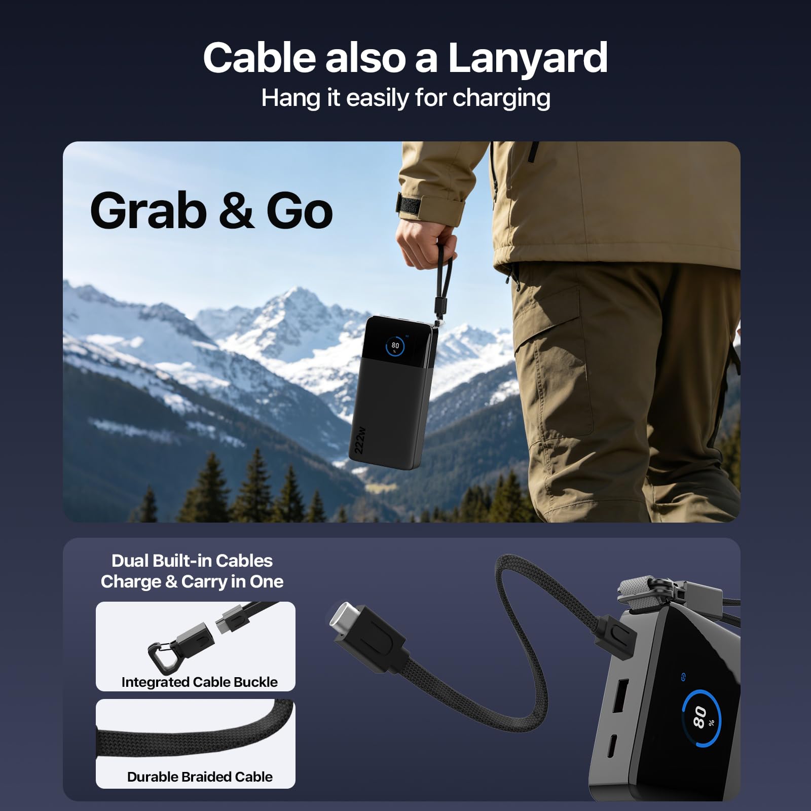 NOBIS Power Bank 222W 25000mAh, przenośna ładowarka z wyświetlaczem cyfrowym, 2 USB-C i 1 USB-A z wbudowaną linką, kompatybilna z laptopem, tabletem, telefonem 17, S25 i słuchawkami