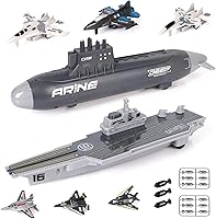 Vista 8 de Portaaviones Barco Naval Militar con Avión de Combate del Ejército de Retroceso Juguete Modelo a Pequeña Escala Avión Submarino Conjunto