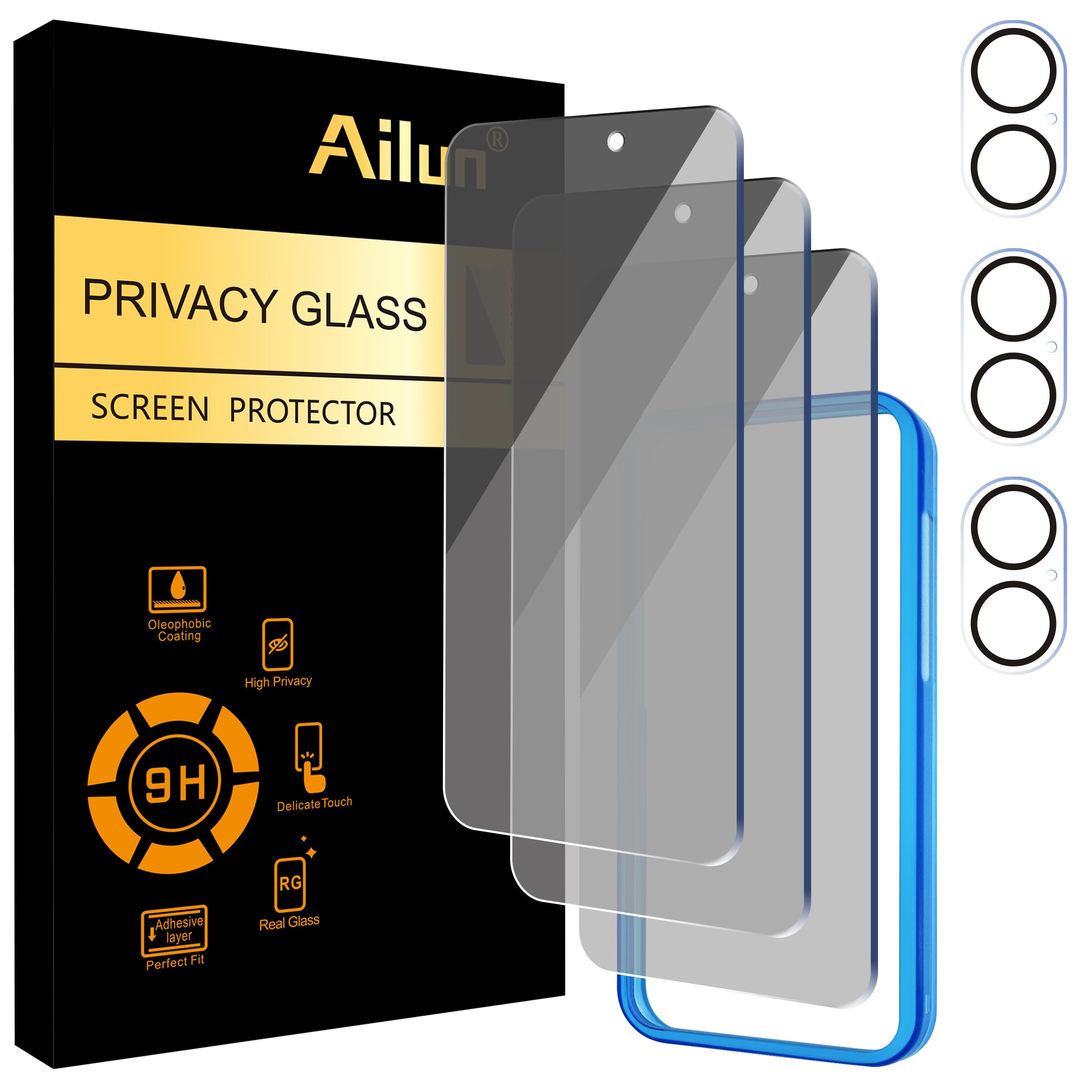 Ailun iPhone 16 Plus Screen Protector [6.7 Inch] + 3 Pack Camera Lens Protector, Compatible with Dynamic Island, Anti-Spy Private Tempered Glass, 9H Hardness, 6 Pack