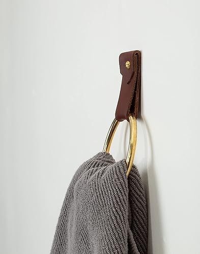 Miniatura 6 de KEYAIIRA - Small Wide Leather Wall Hook, Silver Towel Ring Wall Hanging Strap Towel Hook for Wall Leather Loop Strap Minimal Towel bar Rack Storage