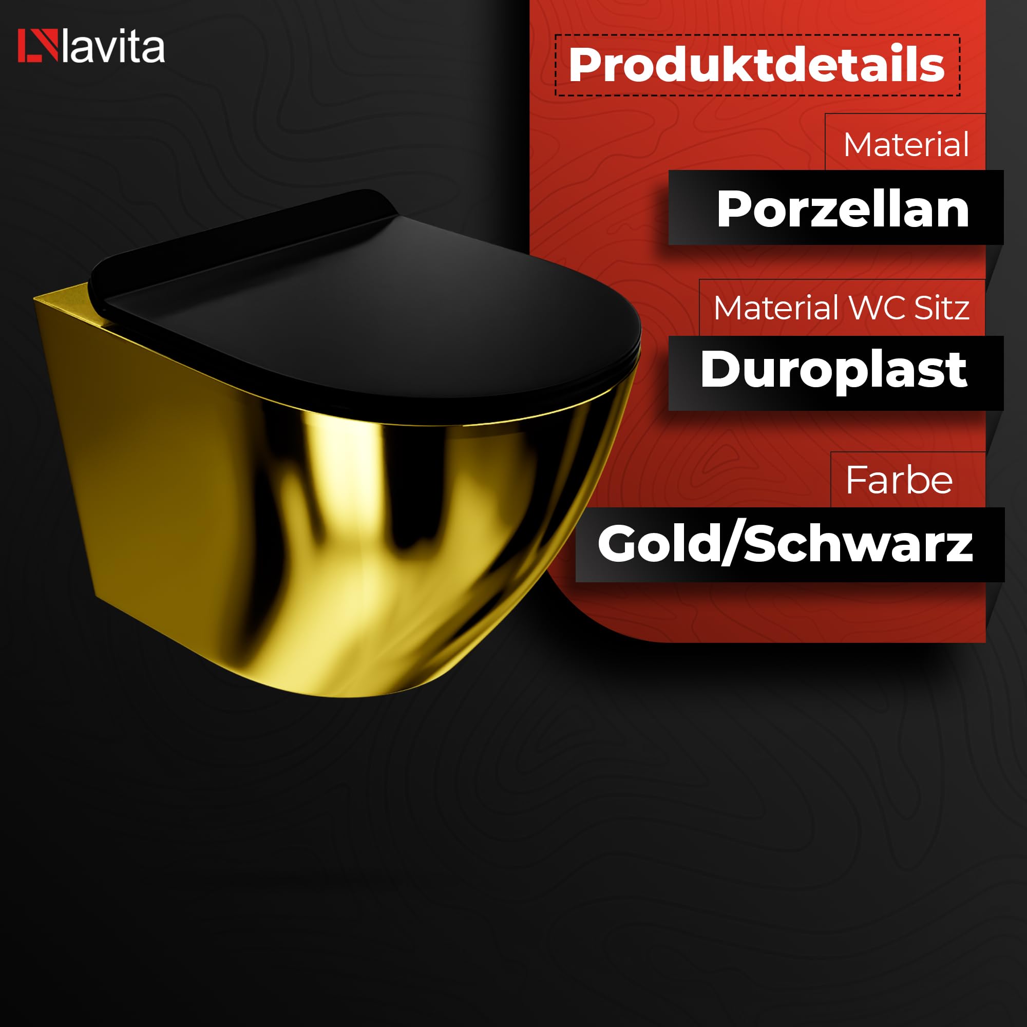 Lavita Vorwandelement Solido Start + Wand Hänge WC Sofi Slim Gold/Black Spülrandlos + WC Sitz mit Absenkautomatik Verchromter Knopf Komplettset Unterputz Spülkasten Toilette Komplett Sett WC