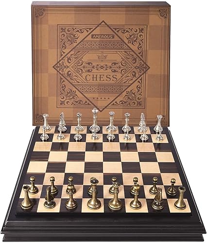 Miniatura 9 de AMEROUS Juego de ajedrez de madera de 12.5 pulgadas con piezas de ajedrez de metal, juego de mesa clásico con 2.5 pulgadas Kingalmacenamiento para