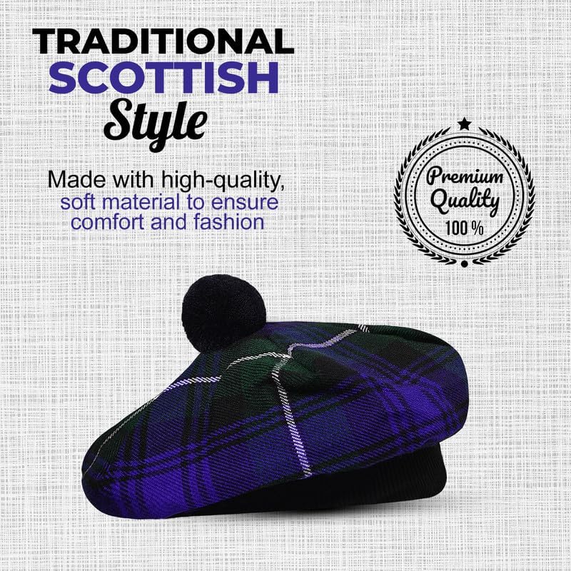 Image of Scottish Tam O' Shanter Hat Tartan Bonnet Pom Pom Wool Flat Cap One Size