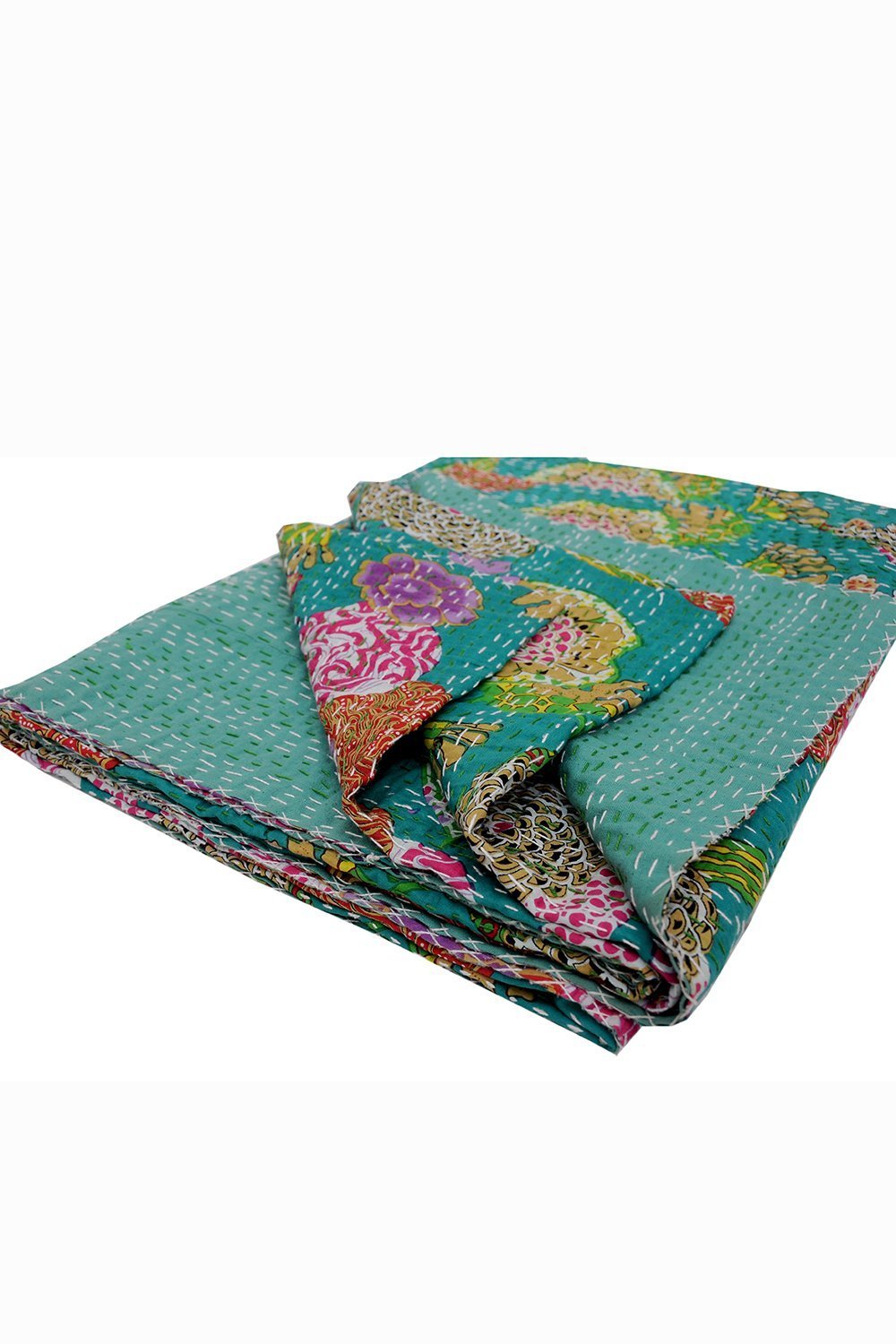 Sophia-Art Twin/King Indian Fruit Réversible Couvre-lit Motif Gudri Pur Coton Kantha Style Quilt Fleur Fruit Print Décoratif Kantha Stitch Quilt (Rama Green, Twin 60 * 90 inches)