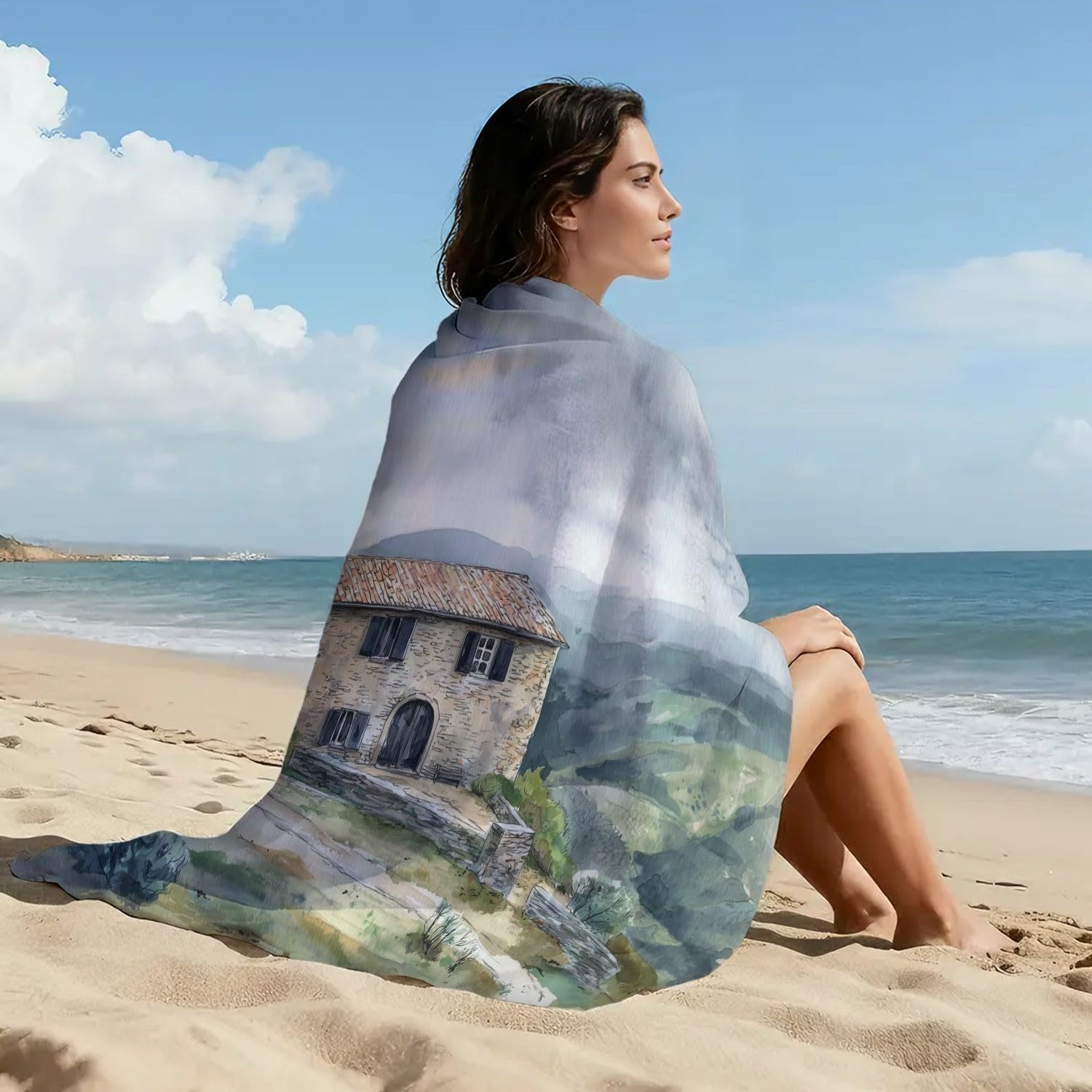 Serviette de Plage Microfibre 200 x 100 CM,Drap de Plage Classique, Doux, Élégant, Chat Tigr, Couverture de Plage Absorbante,Couverture de Bain Rayures, Fleurs, Feuilles Vertes, Architecture
