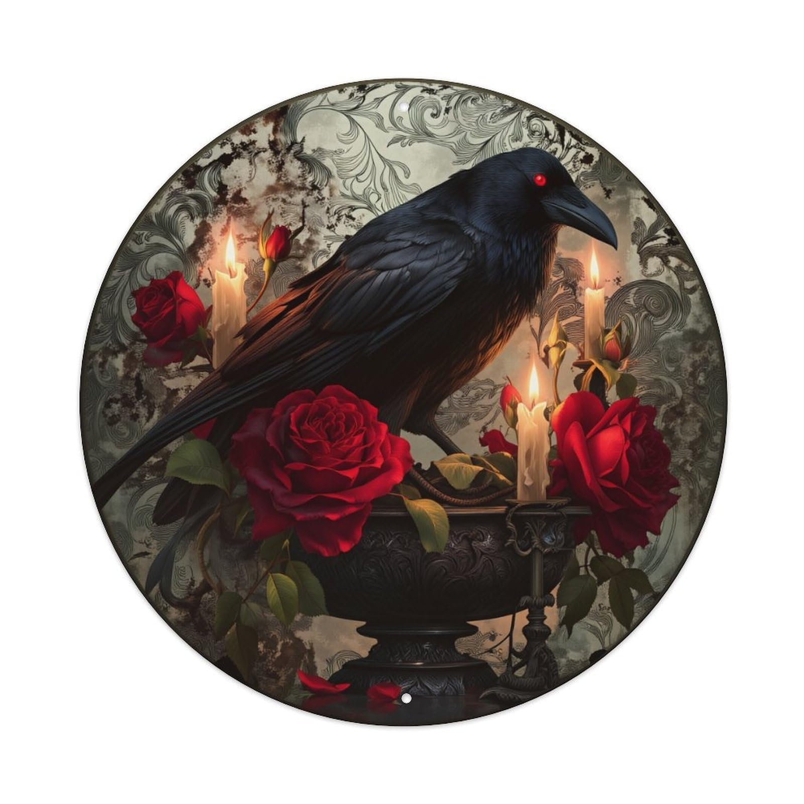 Crow Roses Candles Vase Pattern Round Tin Sign Retro Metal Sign for Cafe Bar Pub Home Game Room Gym Club Wall Decoration Vintage Metal Poster 8x8 Inch