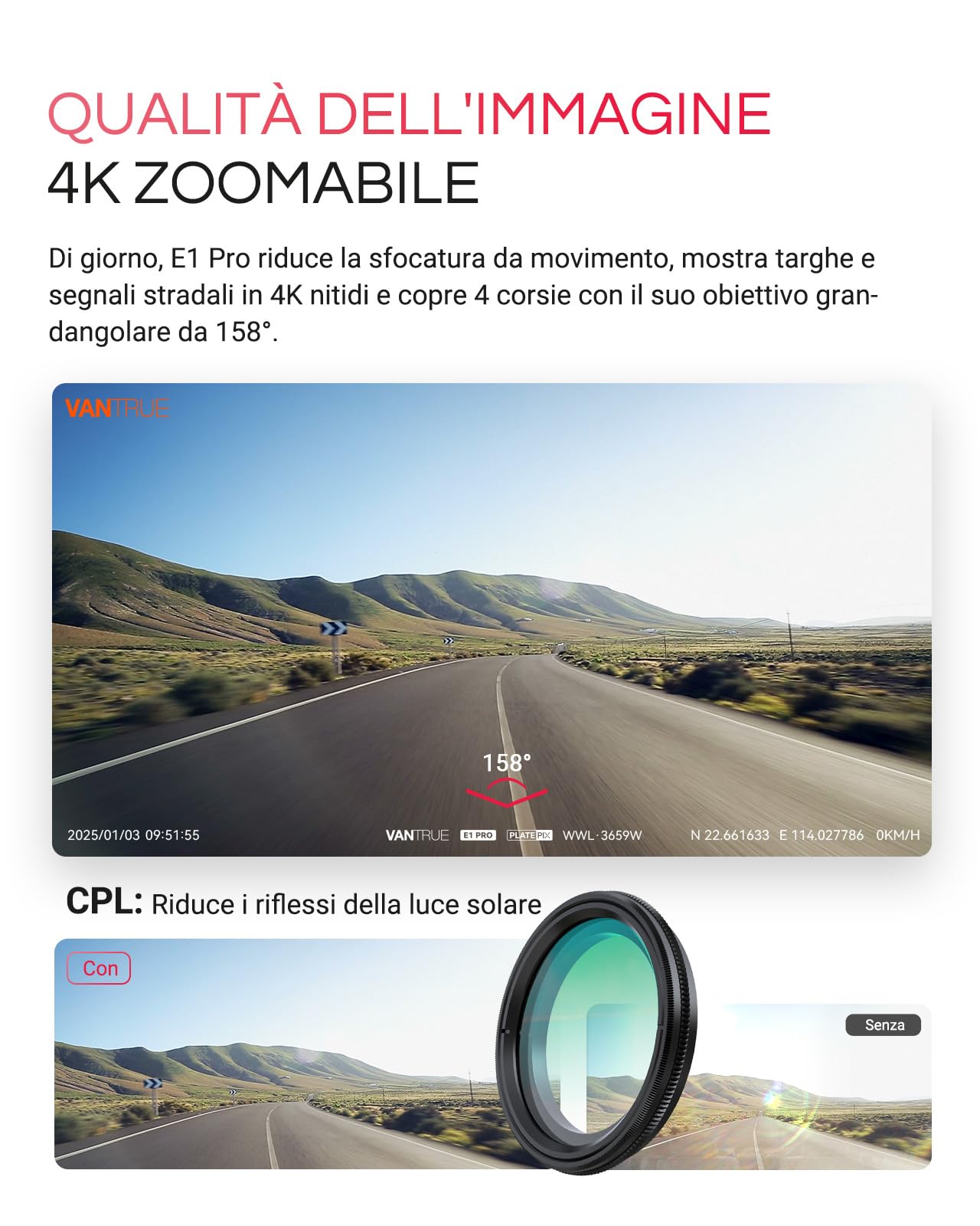 VANTRUE 4K HDR Dash Cam Auto E1 Pro 2160P Mini Dashcam, 5GHz WiFi GPS, STARVIS 2, CPL, Comandi Vocali e APP, Parcheggio 24/7 Telecamera auto, Visione Notturna 2.0, LTE Remoto Opzionale, 1.54”, Max 1TB