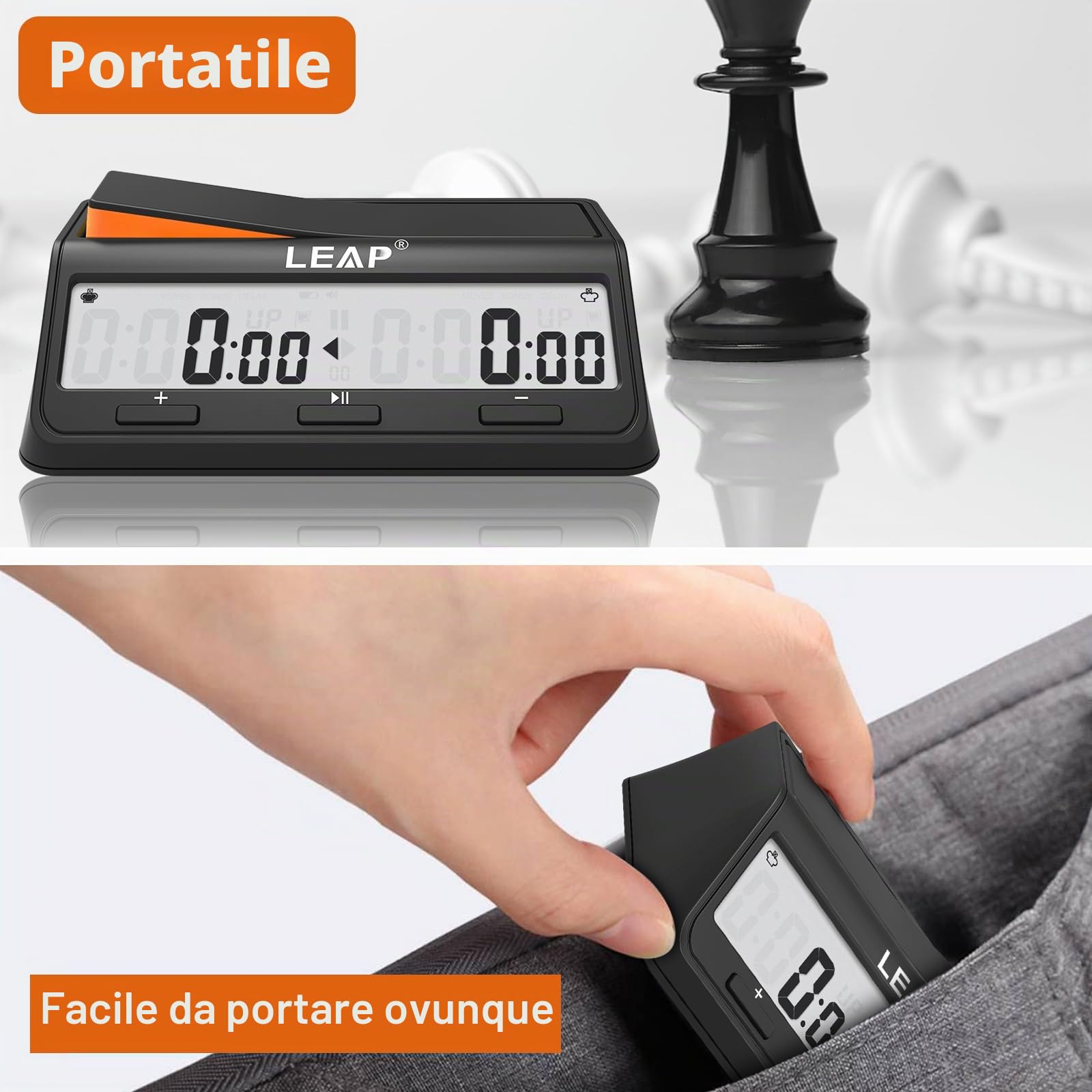 LEAP Orologio a scacchi con timer digitale aggiornato con funzione di conto alla rovescia bonus e ritardo per scacchi e giochi da tavolo per 2 giocatori, nero