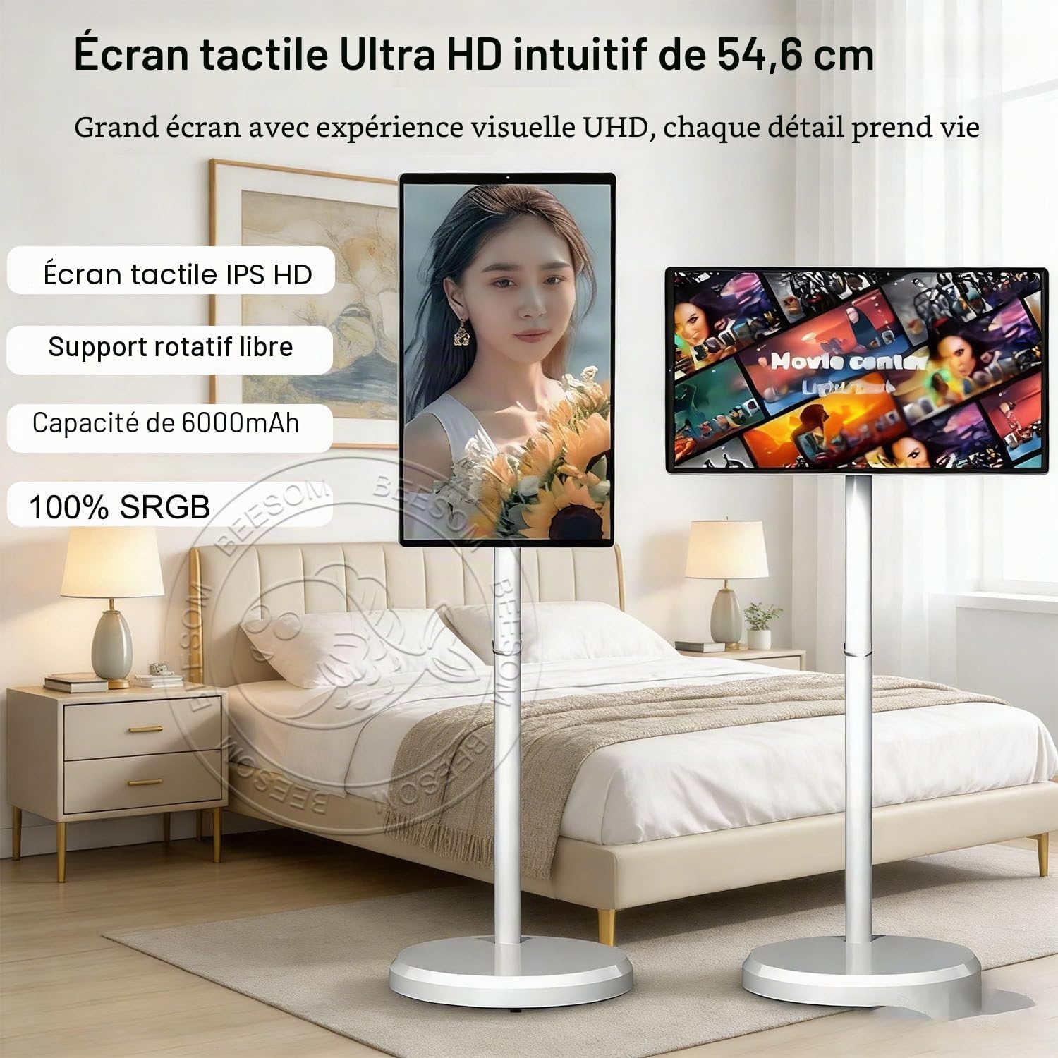 Télévision Portable,TV Portable sur Pied,21,5 Pouces écran Tactile 1080p,8go+128go Stockage,Rotation Complète,Fonction Tablette TV,roulettes Mobiles,Bureau Domicile, Séances Yoga 23in