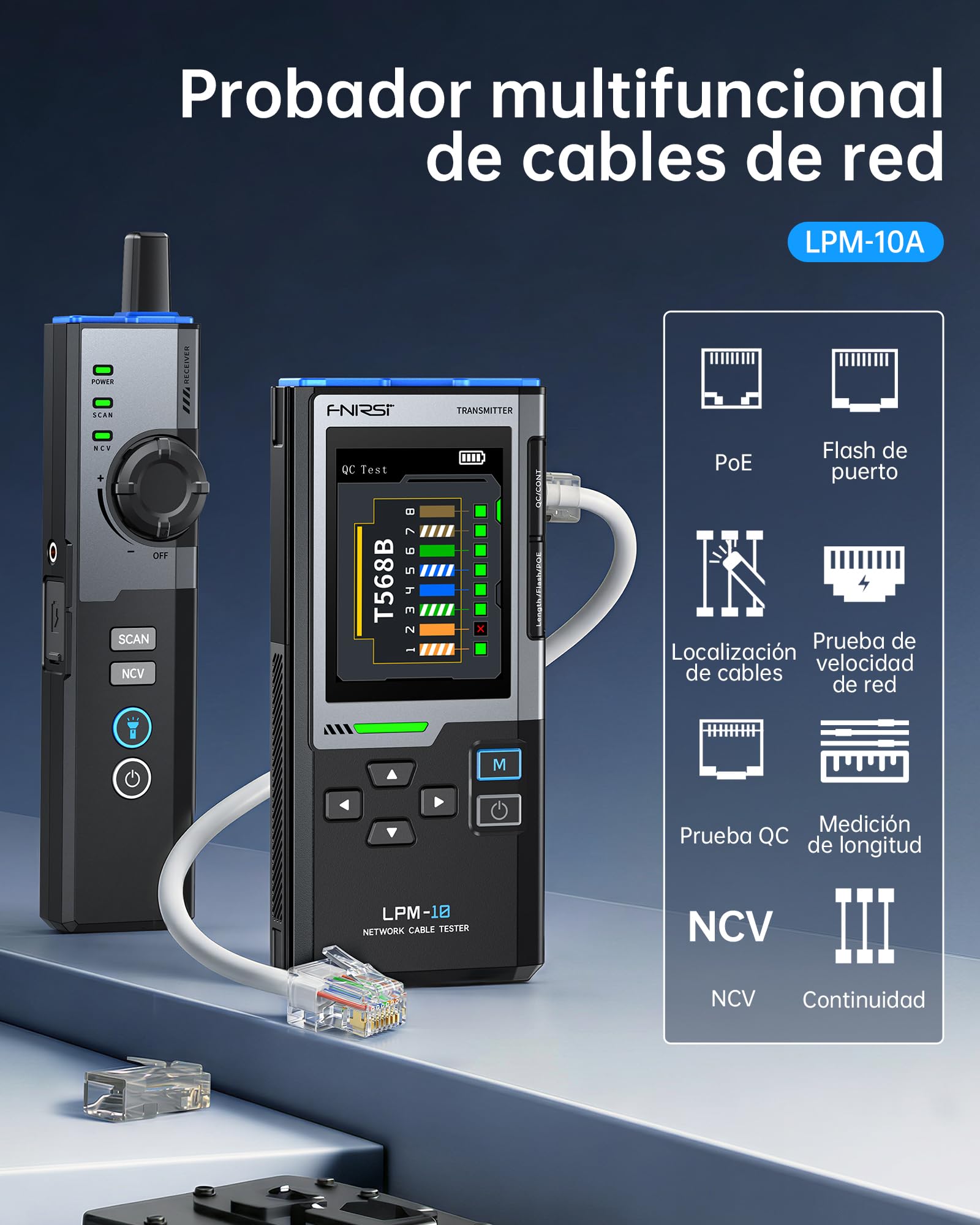 FNIRSI LPM-10A - Probador Ethernet, kit de comprobador de cable de red para CAT5 CAT6 RJ11, trazador de cables y tóner de cable, prueba PoE/NCV/longitud, probador de cable Ethernet recargable