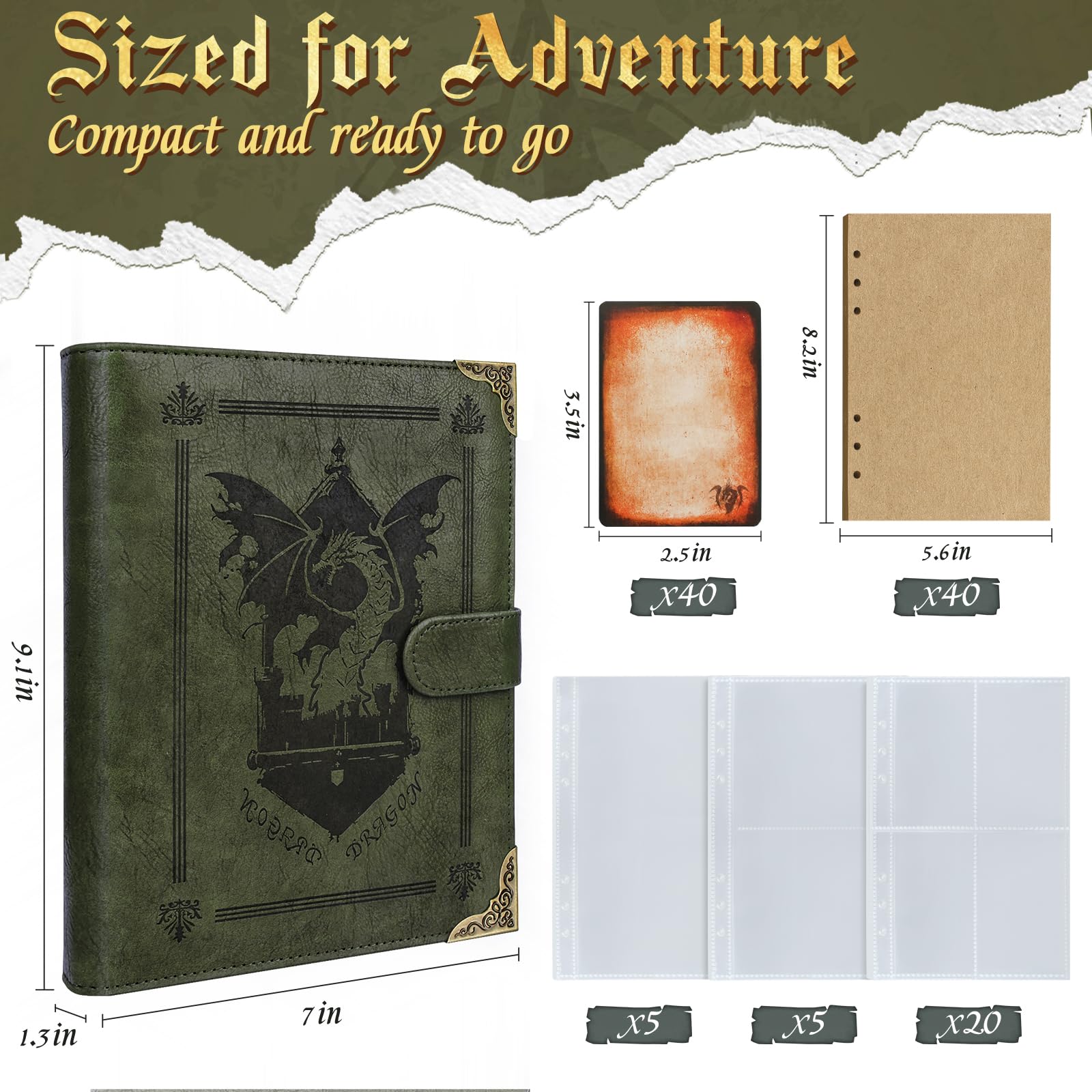 Foliant of Recollection TTRPG Porte-cartes avec sort magique pour DnD/RPG, livre de magie de poche et porte-cartes de référence, accessoires de jeu pour débutants et maîtres DnD avec 40 cartes de