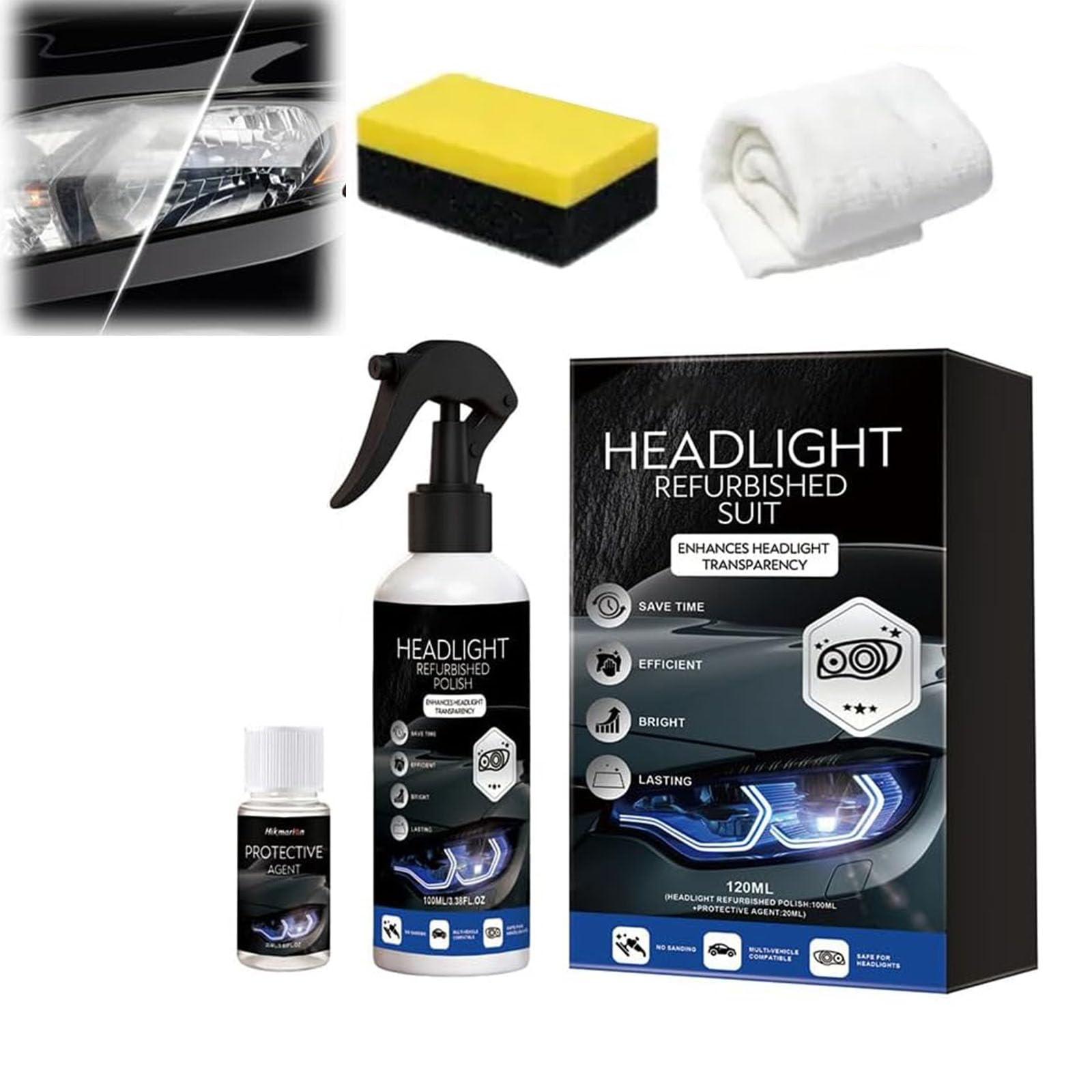 Kit ripristino fari auto, kit liquido ripristino fari automobilistici, rimuove l'ingiallimento, migliora la chiarezza e la visibilità, correzione rapida e sicura, effetto di lunga durata (1set)