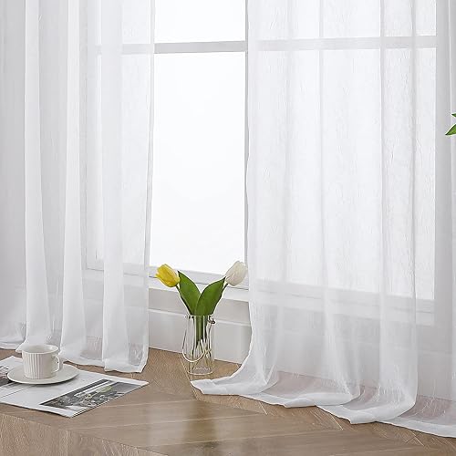 Miniatura 5 de OWENIE 2 paneles de cortinas traslúcidas blancas trituradas de 54 pulgadas de largo, cortinas de gasa con textura arrugada, filtrantes de luz,