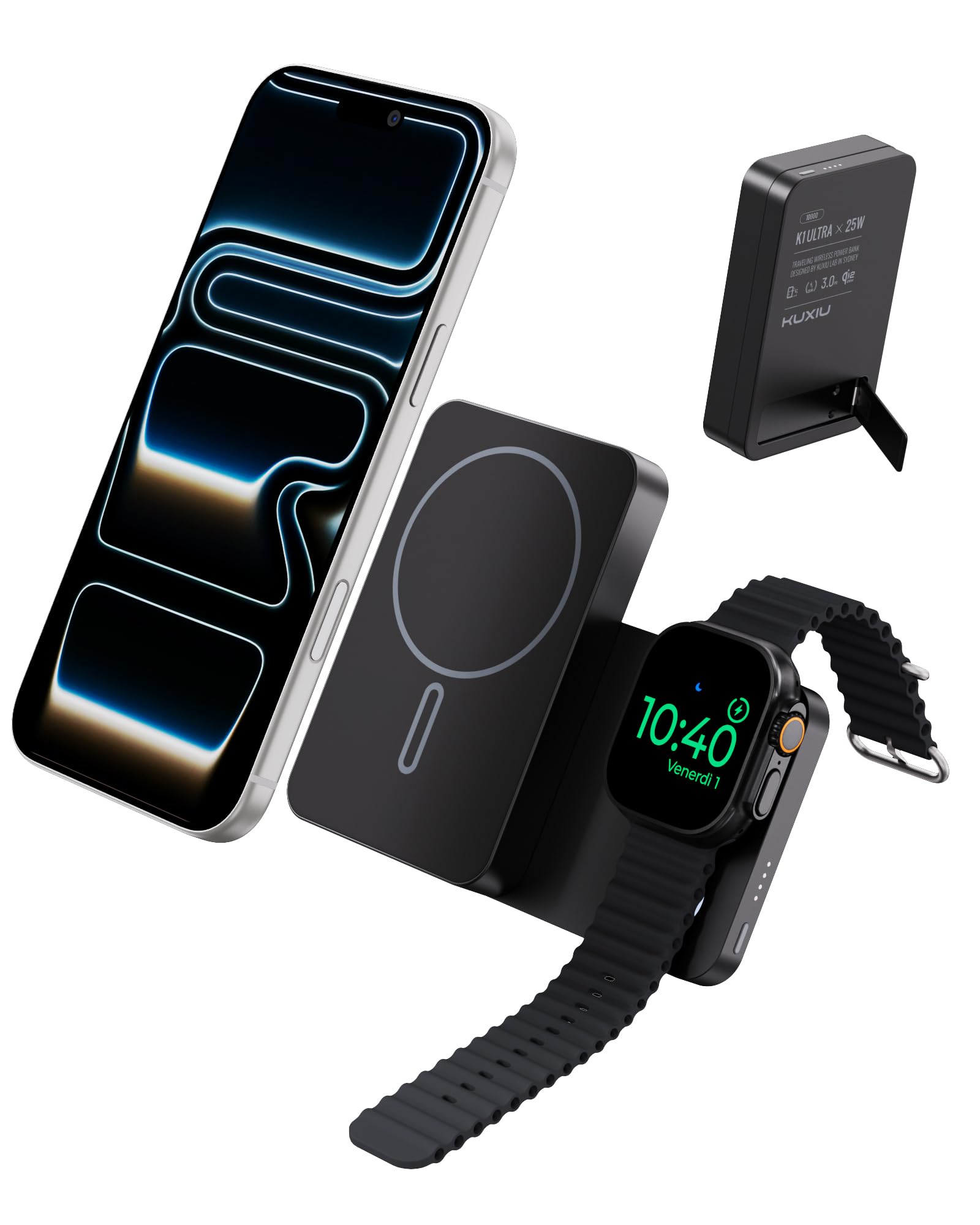 KU XIU Qi2.2 25W Magnetico Power Bank 10000mAh per iPhone e Apple Watch | 3-in-1 Wireless Powerbank con Supporto, Compatibile con Magsafe, 30W USB-C Ricarica Rapida, per iPhone & iWatch & Airpods