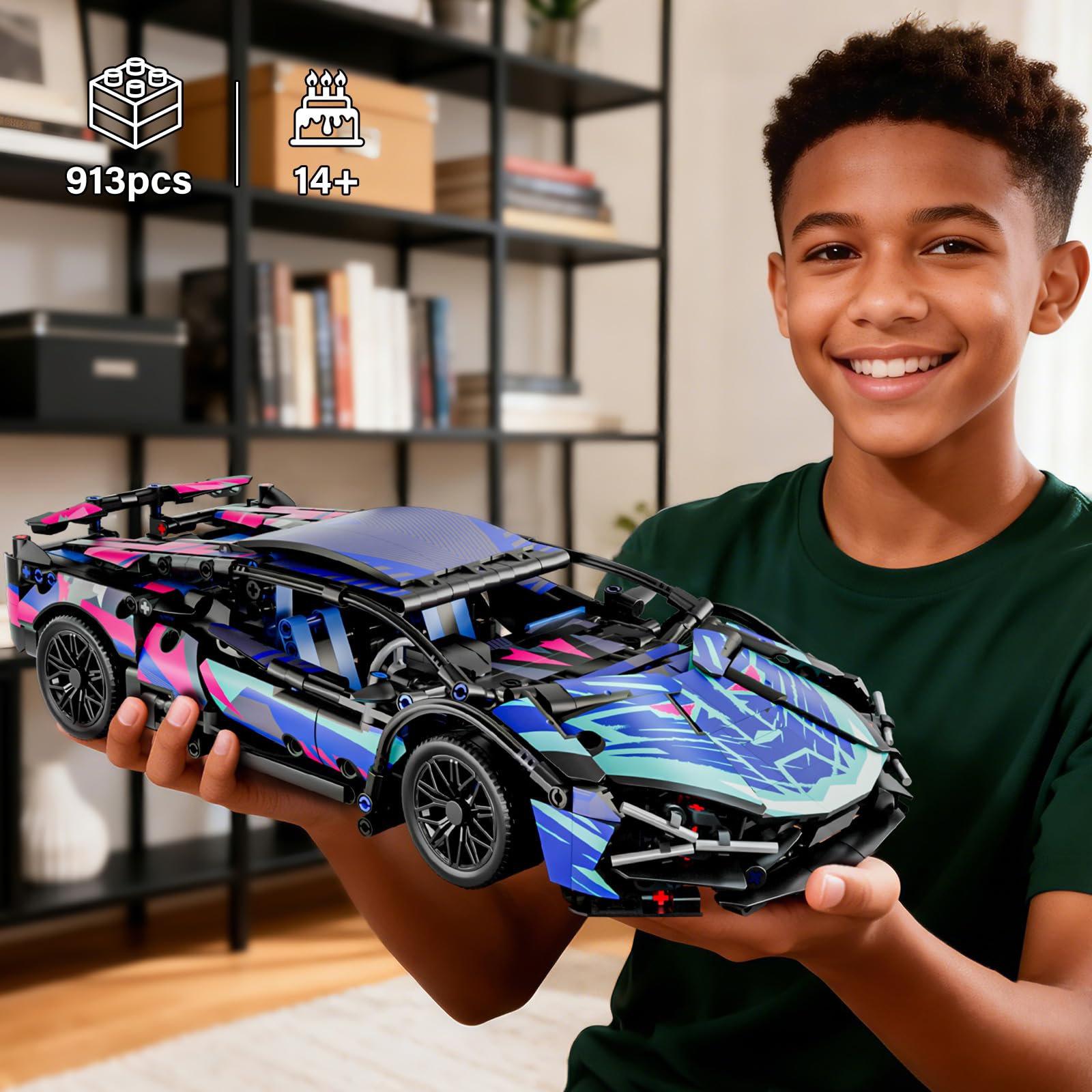 Technik Auto Klemmbausteine mit RC & LED 1:14 Sportwagen Modellbausatz | RC & App-Steuerung, detailreiches Modell, kompatible Bausteine Geschenk für Technik-Fans