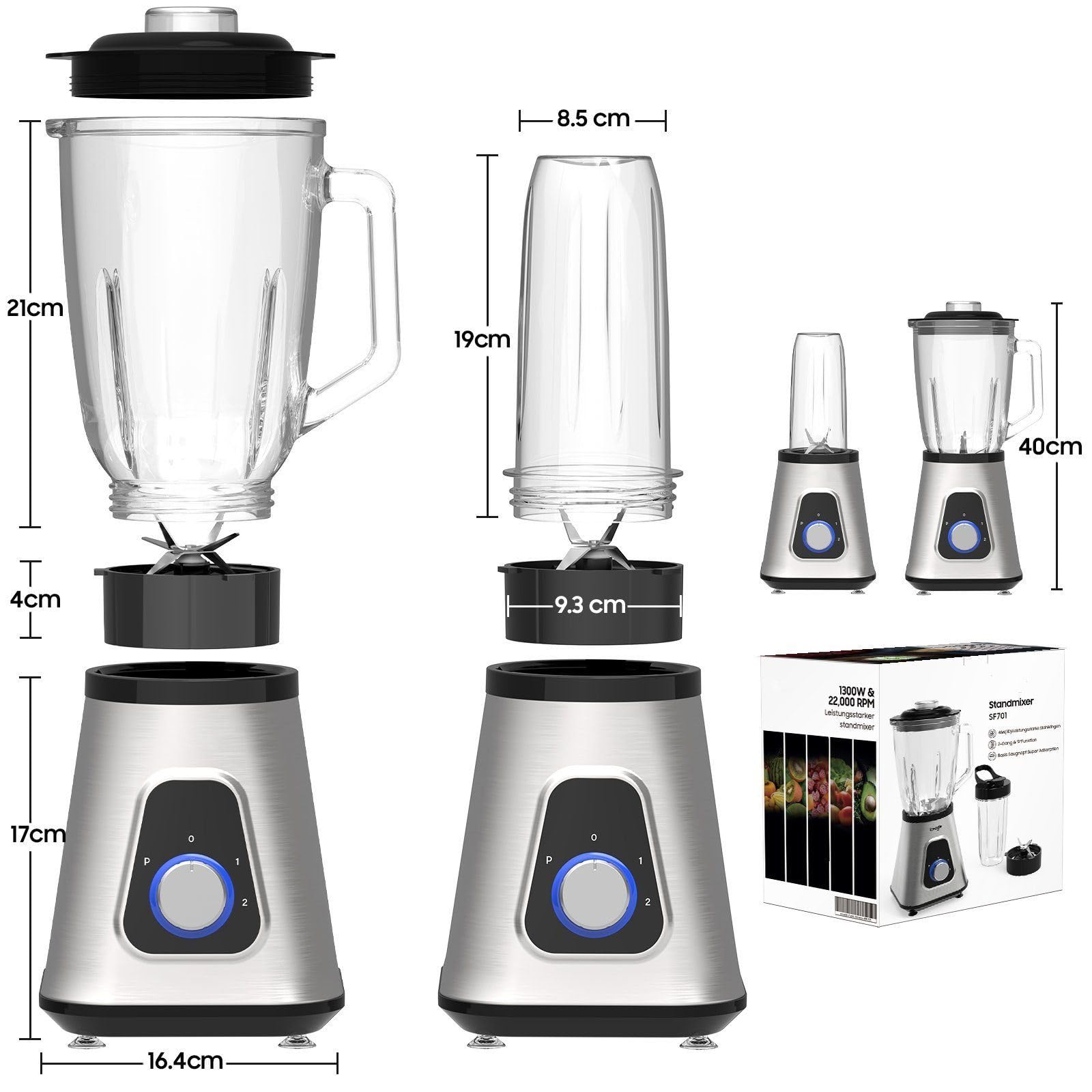 iceagle Mikser stojący Smoothie Maker – blender elektryczny 1300 W | mikser 2 w 1, dzbanek 1,5 l i kubek 600 ml, funkcja Ice-Crush, 2 poziomy prędkości, funkcja pulsu, 22000 obr./min dla gładkiej