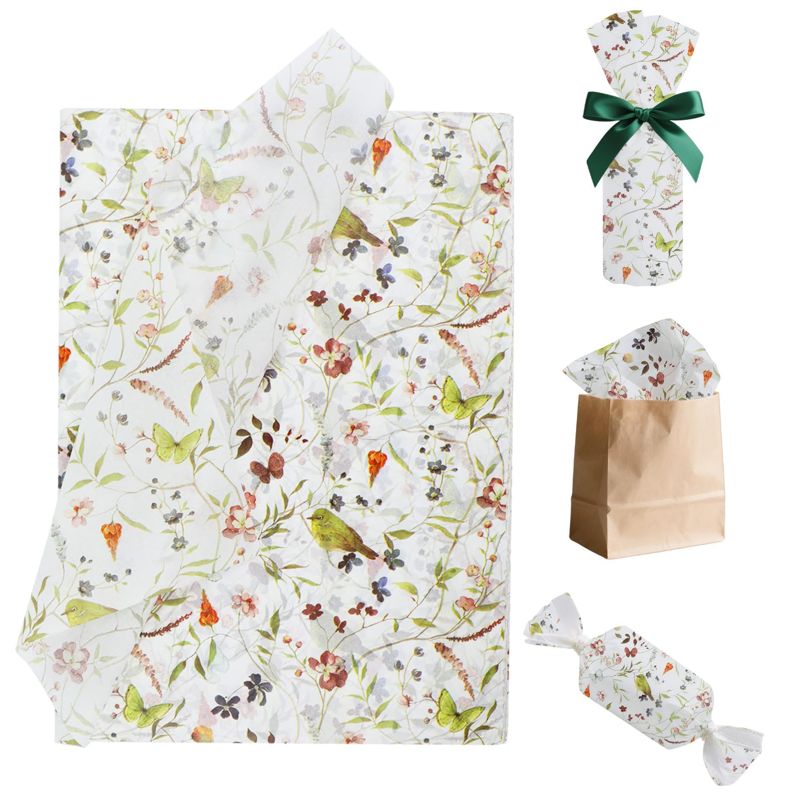 100 fogli di carta velina floreale, 50,8 x 35,5 cm, carta da regalo con fiori di campo, farfalla per decorazioni per matrimoni, addio al nubilato, feste di compleanno