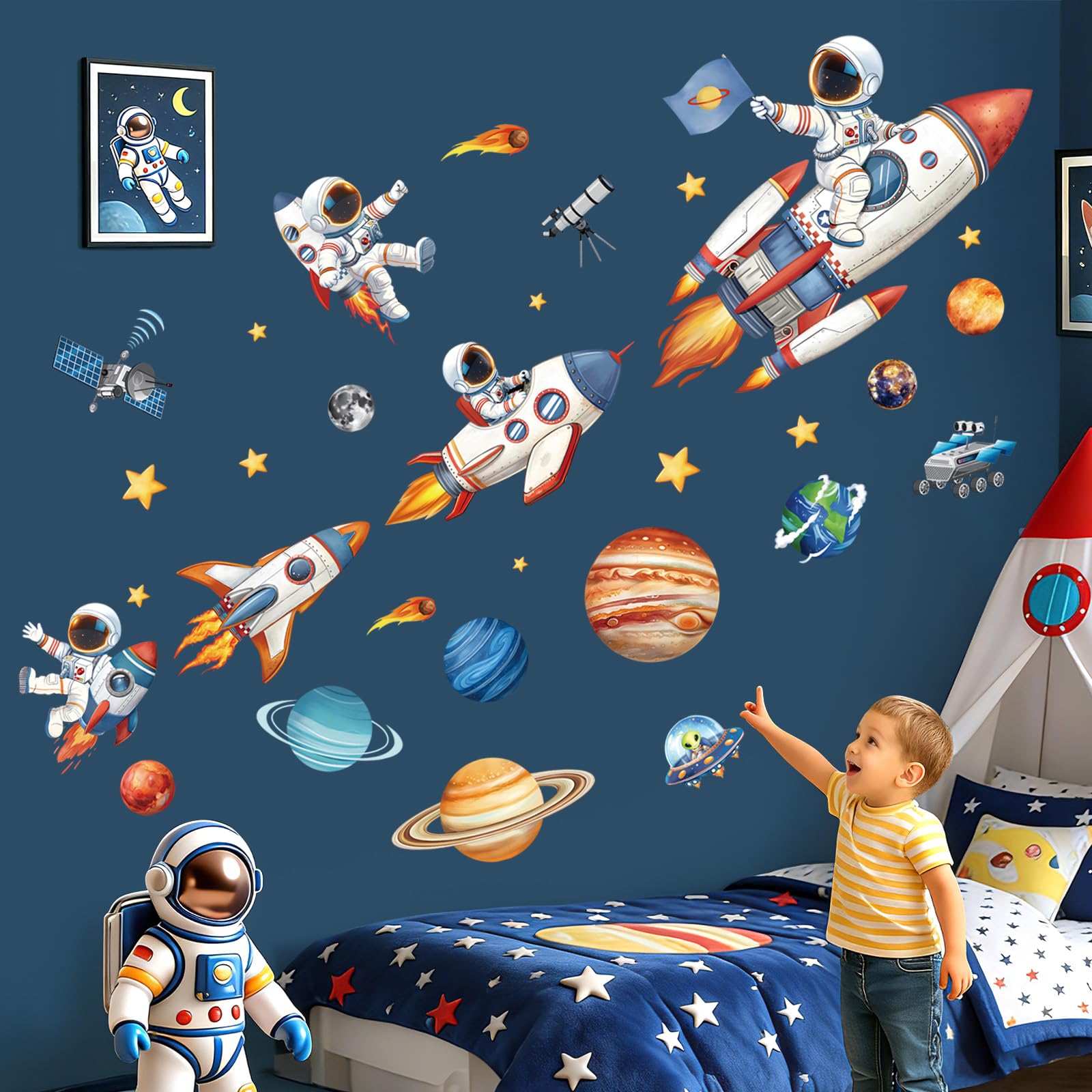 decalmile Stickers Muraux Grand Fusée Astronaute Autocollant Mural Espace Planète Étoiles Solaire Système Décoration Murale Chambre Salle de Jeux Bébé Pépinière - 2