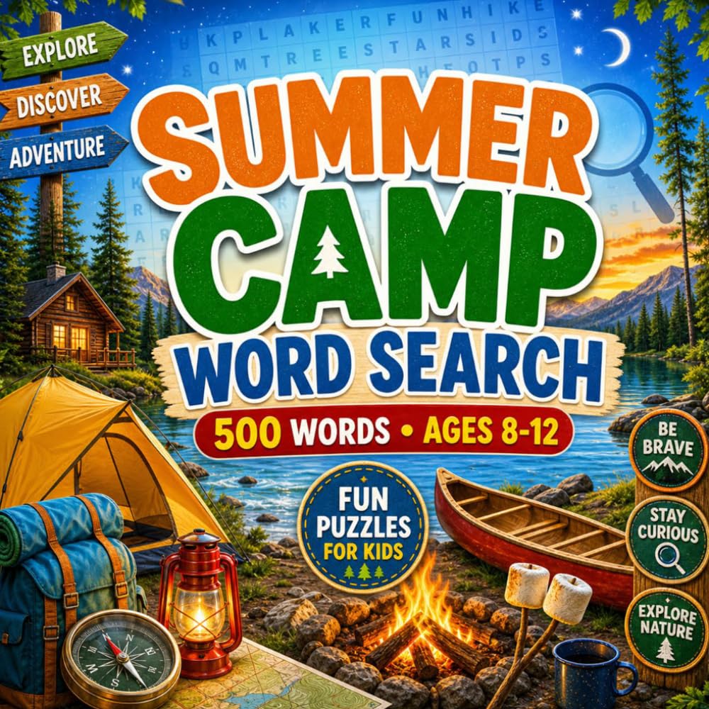 Summer Camp Word Search: Fun camping puzzles with outdoor adventures, campfire words, nature activities, and summer vacation fun.