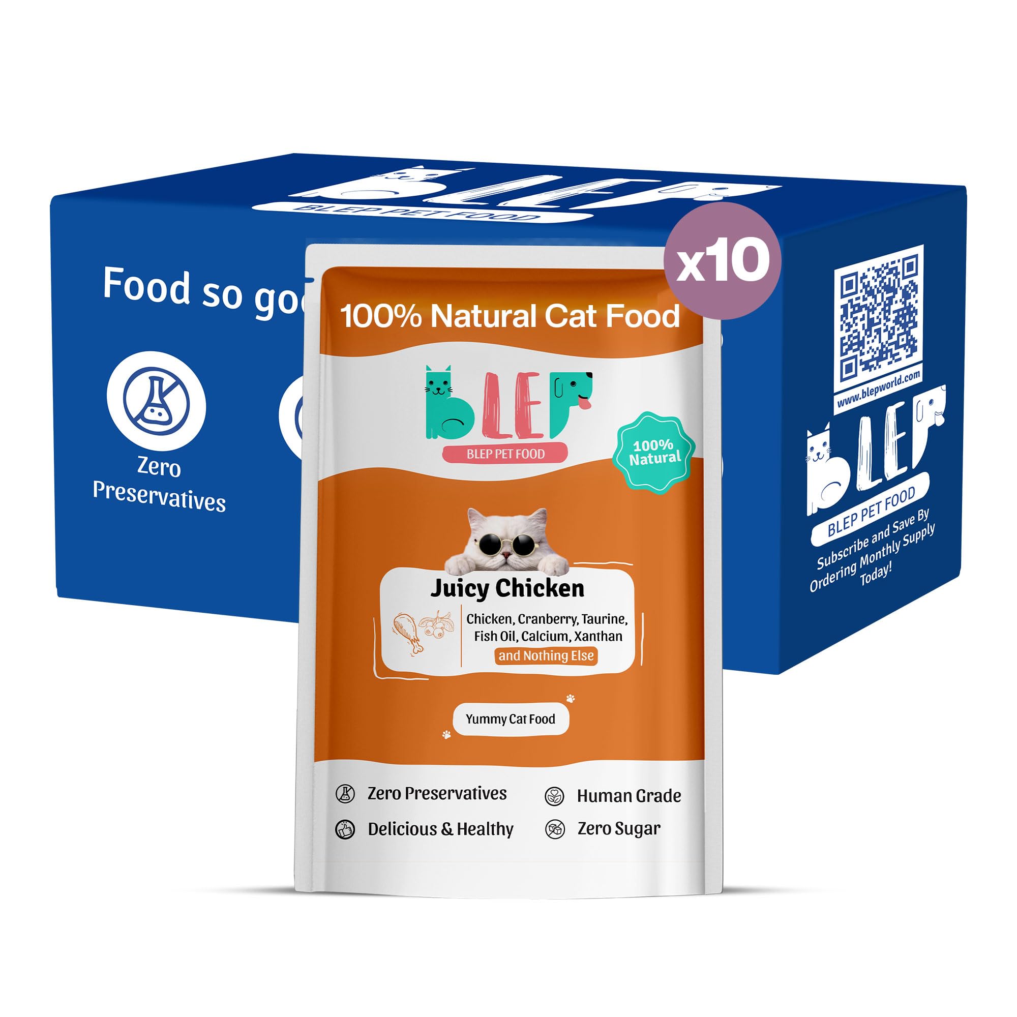 BLEP Juicy Chicken 100% Natural Wet Cat Food | Rich Gravy, High Moisture Meal | High Protein, Human Grade | No Preservatives | Complete Meal for Kittens & Adult Cats | 50g | 10 Pack