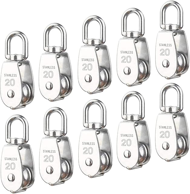 10Pcs M20 Single Pulley Block(20mm), MERYSAN 304 Stainless Steel Hanging Wire Pulley Roller, Swivel Lifting Wire Rope Cable Towing Wheel - Loading 75kg/165lbs