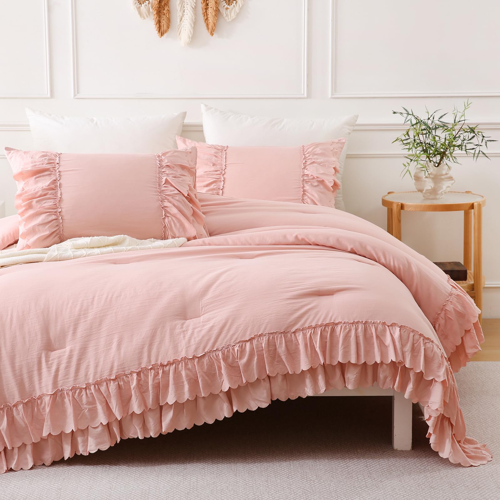 Herside Girls Pink Bedding Set King Size Boho Ruffled Duvet Cover Set 3 Pieces Ultra Soft Microfibre Quilt Cover Rustic Chic Bedding Cover Cute Home Decor Quilt Cover - Image 3