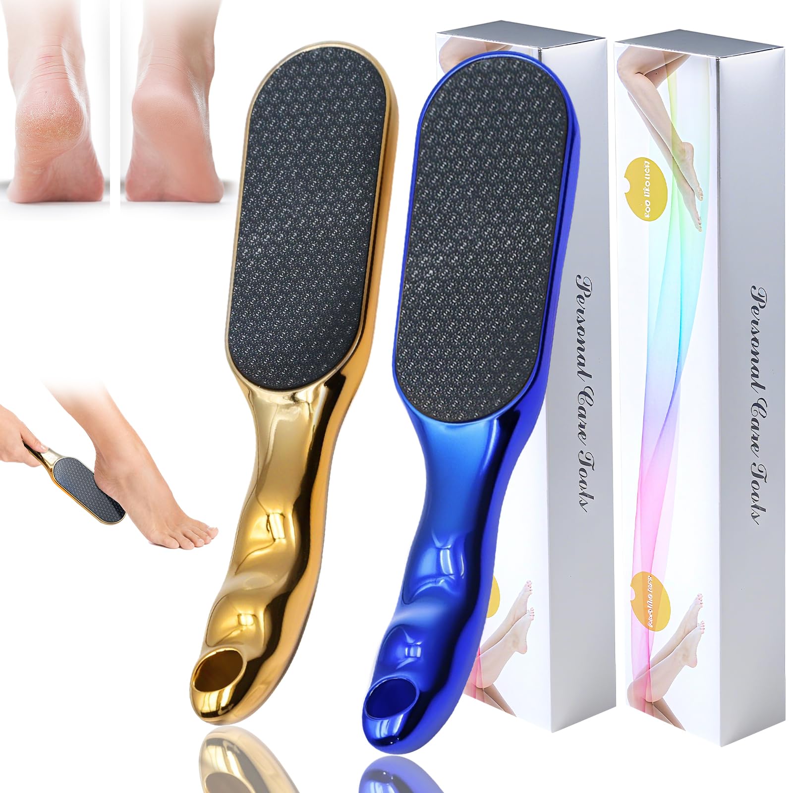 2 Pcs Veinsgrain Foot File, Nano Glass Foot File Hard Skin Remover with Non-Slip Ergonomic Handle, Professional Foot Care Tools for Smooth Feet(Gold+