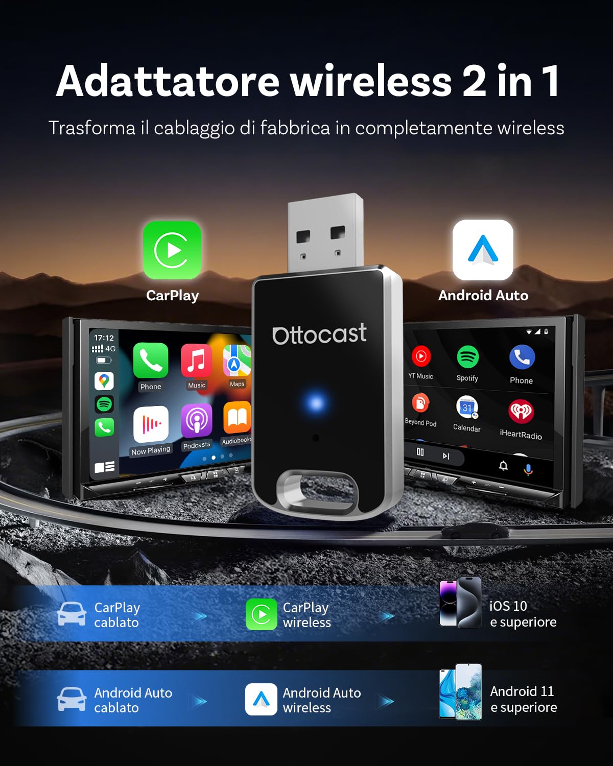 Ottocast Mini Edge 2025 Aggiornato, Adattatore Wireless 2 in 1 CarPlay & Android Auto per iOS 10+ e Android 11+, Supporto Multi-Utente, Plug & Play Trasforma CarPlay/Android Auto cablato in wireless