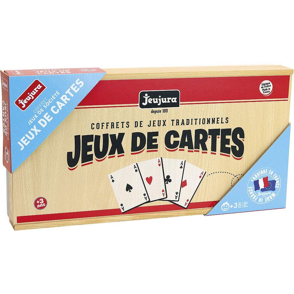Jeujura - Coffret de Jeux de Cartes - Jeu de Société dès 3 Ans - 8145 | Jeu de société traditionnel - Coffret en Bois - Jeux de cartes, de tarot, jetons, dés et tapis - Fabriqué en France