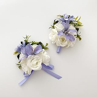 Abbie Home Wedding Wrist Corsage Brooch Boutonniere Set Party Prom Hand Flower DÃ©cor-White&Lavender