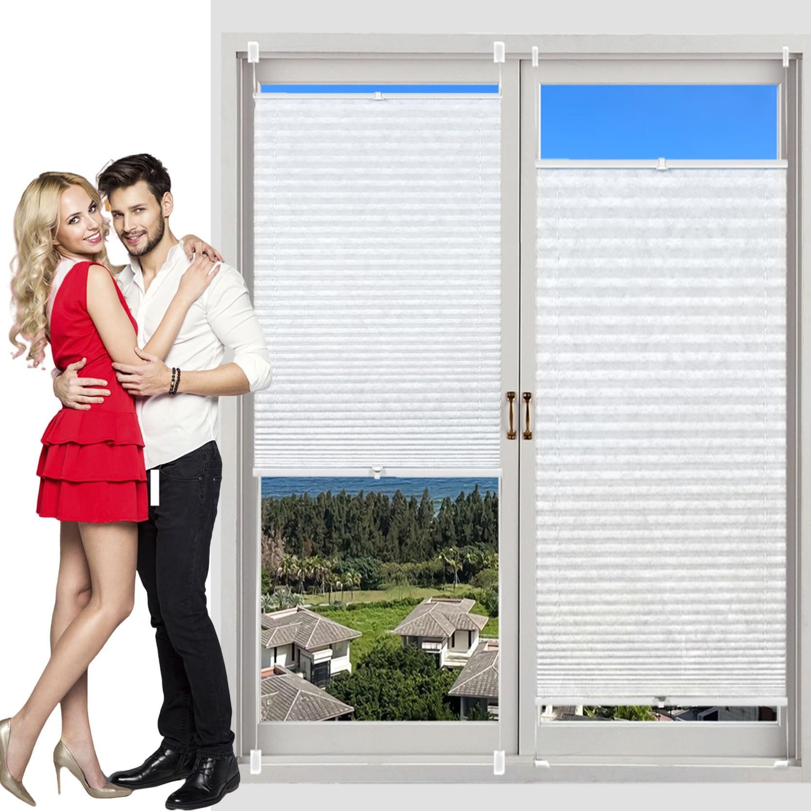 Stick on Blinds for Windows with Clips 30 x 215 cm (W x H), No Drilling, Translucent, Crushed Look, Pleated Blind with Klemmfix, Pleated Blind Window, for Window Door, White — image 1
