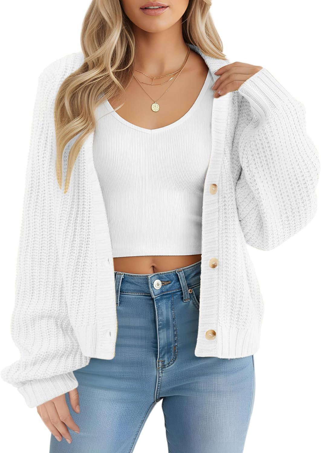 Women Chunky Knit Cardigans Open Front Casual Sweater Long Sleeve Button Loose Short Cardigan Outerwear Fall Winter - Image 2