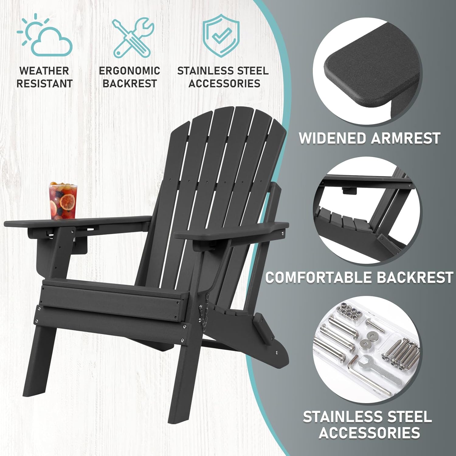FUNBERRY Folding Adirondack Chairs Set of 2 with Adjustable Backrest, HDPE All Weather Fire Pit Chairs with Cup Holder