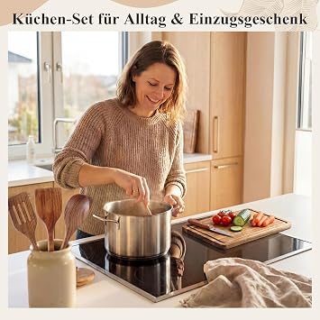 Geiserailie 4-Piece Teak Kitchen Utensil Set with Acacia Chopping Board - Slotted Turner Flat Kitchen Turner and Cooking Spoon with Corner Housewarming Gift