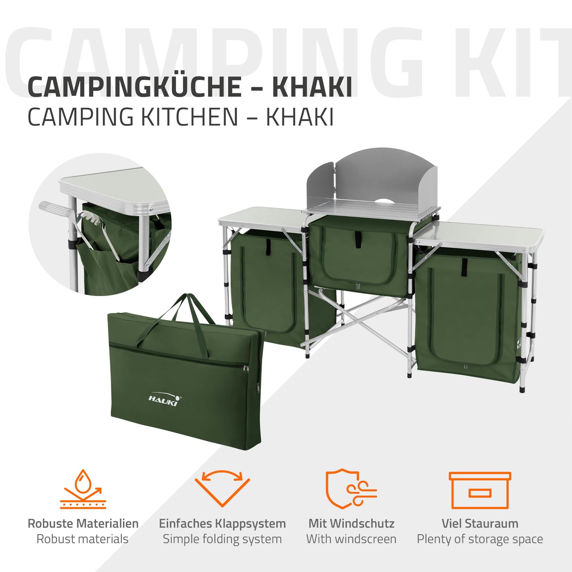 Hauki Cuisine de Camping Pliable, avec Sac de Transport, Meuble à Étagères de Rangement, Kaki, Aluminium/Tissu Oxford, avec Pare-Vent et Plan de Travail, Armoire de Tente Idéale pour Extérieur Voyage