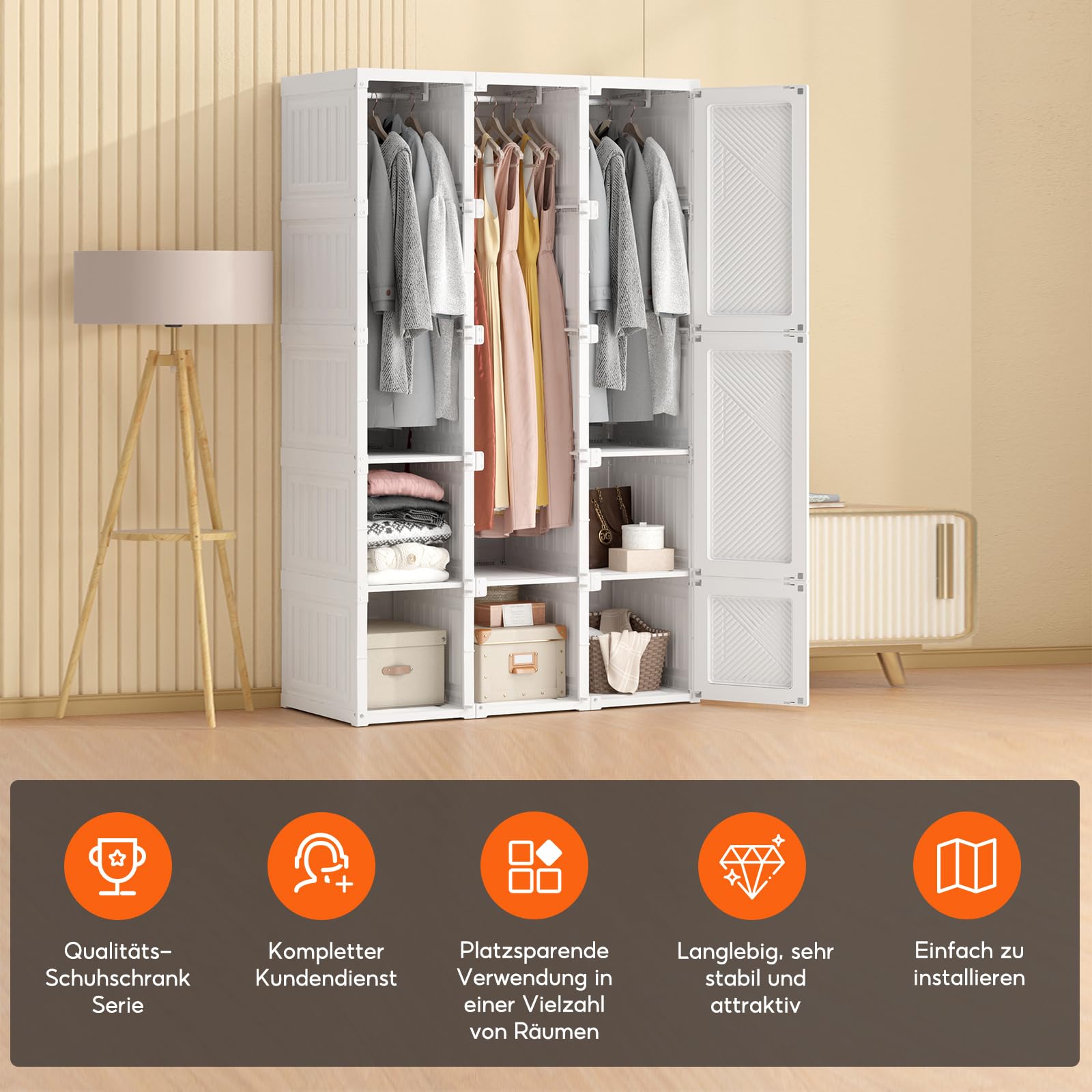 Zusammenklappbarer Kleiderschrank,104x170x50cm, schnelle Montage, vielseitiger Schrank mit Kleiderstange und Magnettüren, Perfekt für Schlafzimmer und Wohnzimmer,5 Staufächer-3 Kleiderbügel
