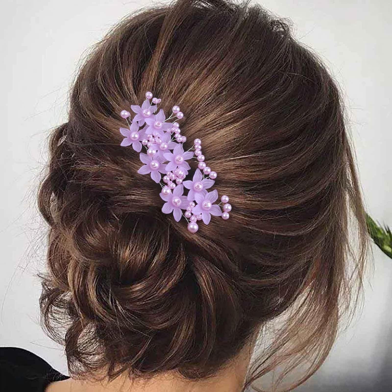 Elegant Floral Pearl and Purple Hair Accessory Amazon.com : PRETTYLIFE Purple Flower Hair Clips Bridal  main image 3