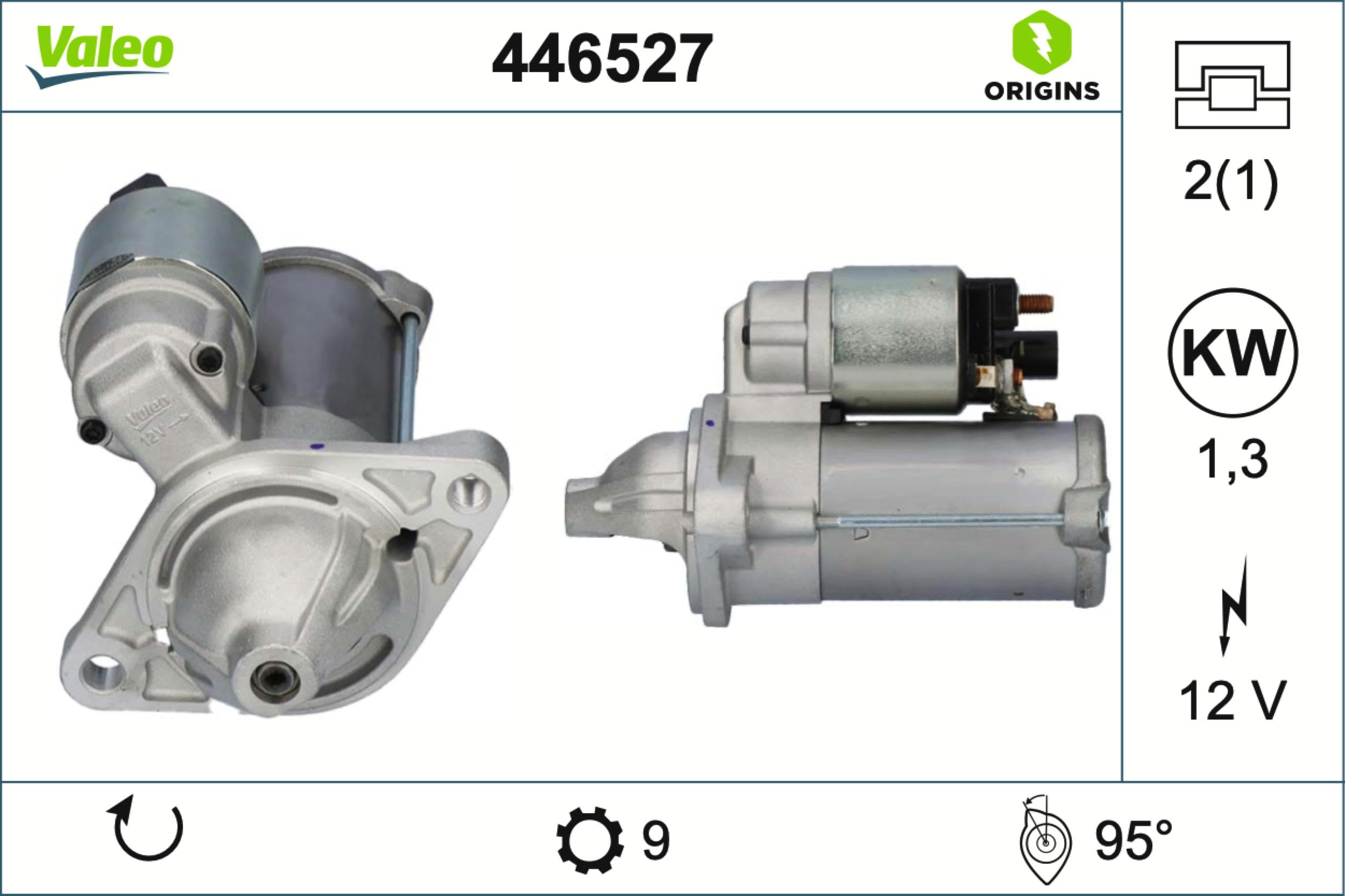 Valeo Motor de Arranque 446527-1,3 kW - 9 Dientes - 12 V