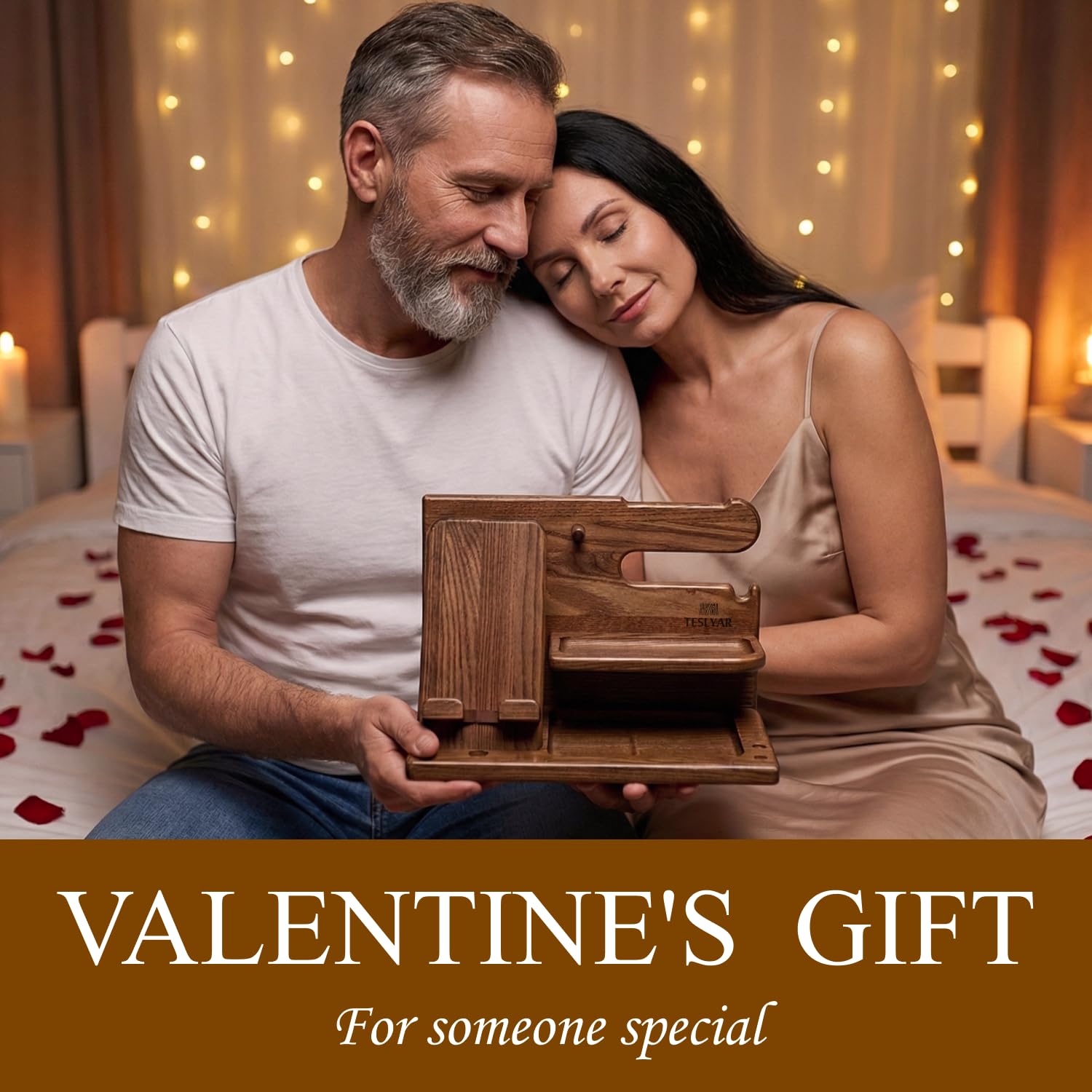 TESLYAR Wood Phone Docking Station Ash Key Holder Wallet Stand Watch Organizer Men Gift Husband Wife Anniversary Dad Birthday Nightstand Purse Father Graduation Male Travel Idea Gadgets (Beige)