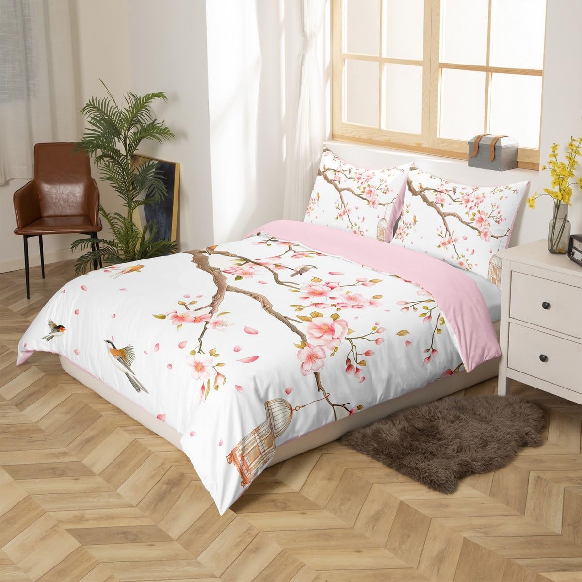 Erosebridal Girly Cherry Blossom Comforter Cover Cherry Tree Branches Duvet Cover,Japanese Birds Bed Set Cute Pink Flowers Bedding Set Toddler