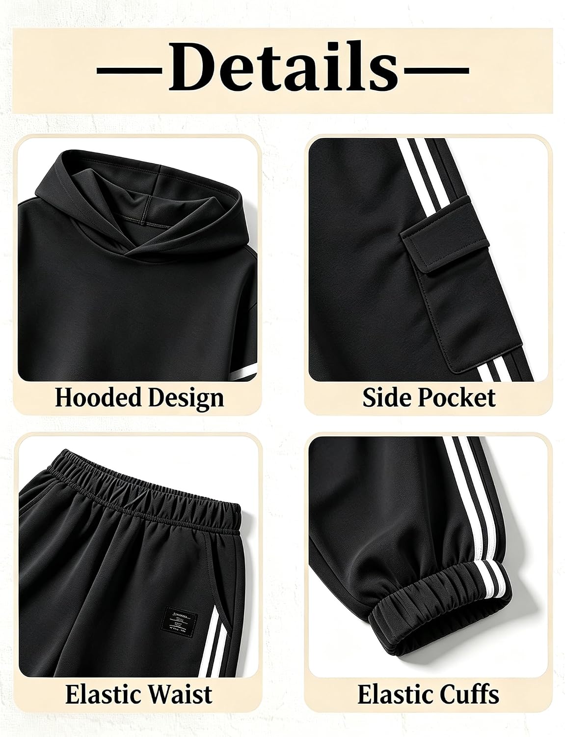 Boys Clothes Casual Hooded Sweatsuit 2 Piece Striped Sweatshirt and Jogging Pants with Pockets Outfit for Boys 7-16