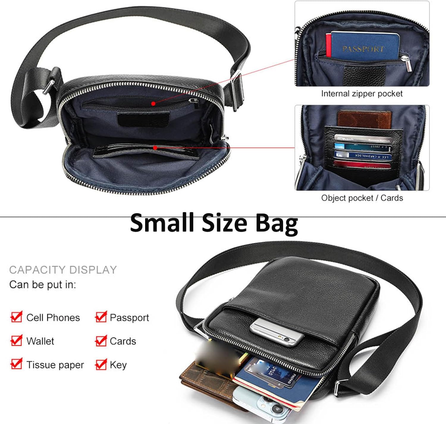 NIUCUNZH Man Purses and Bags Small, Mini Genuine Leather Messenger and Shoulder Bag for Men with lots of Zipper Pockets | Small, Mini, for Men - Image 4