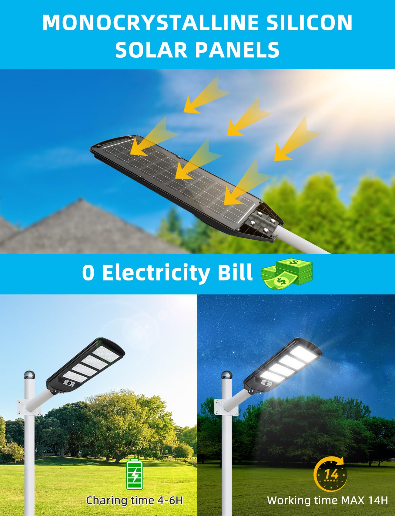Aigostar- 4Pz 200W Lampione Solare da Esterno con Sensore di Movimento, Telecomando, Impermeabile IP65, 2000LM Luce Fredda 6500K, Lampioni Solari LED per Giardino, Cortile, Strada,Non Include il Palo