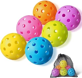 FASIUCHOI 6 Pack Outdoor Pickleballs with 40 Holes - Durable TPE, Colorful Visibility, Mesh Bag, Consistent Bounce & Stable Flight