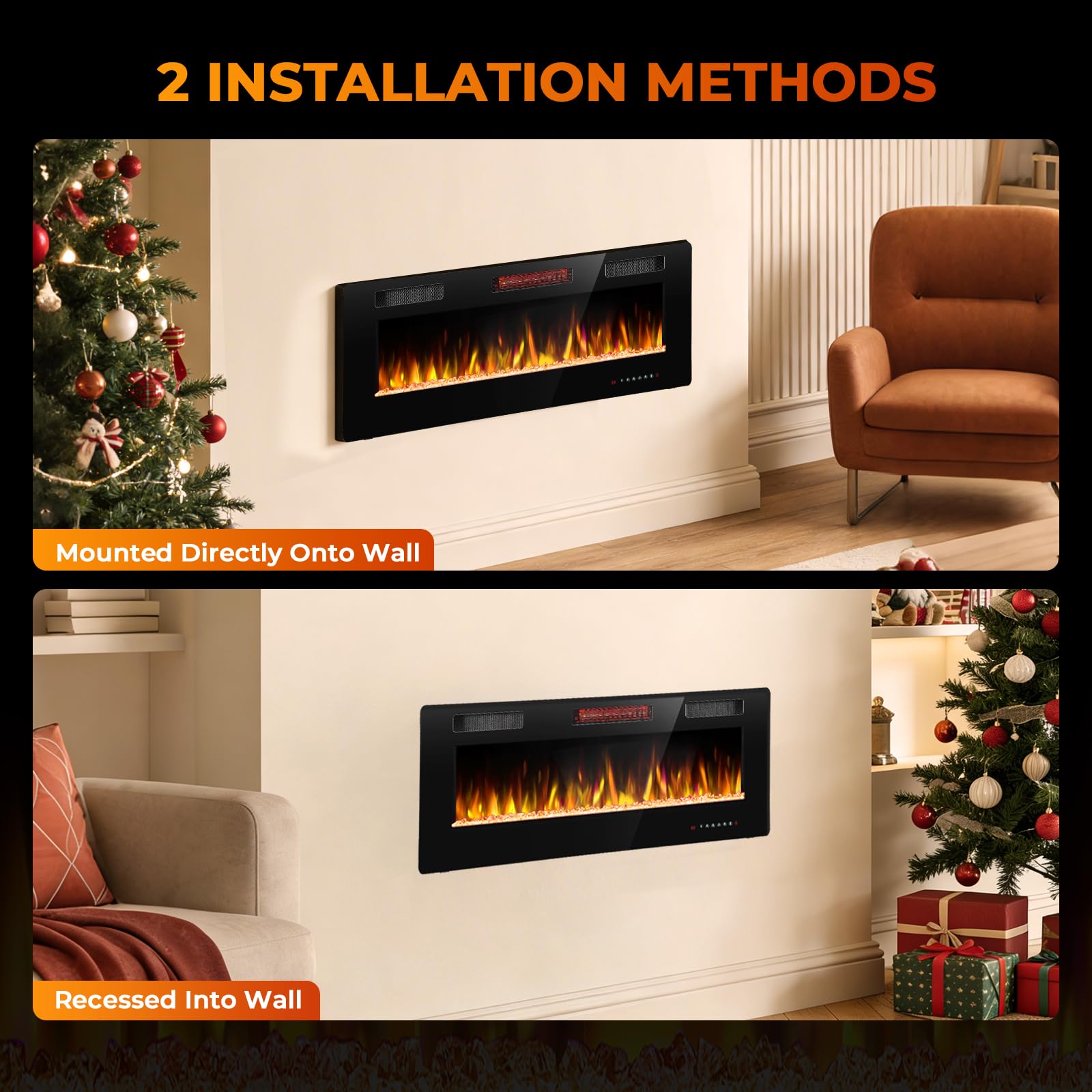 R.W.FLAME 50 pollici/127 cm, camino elettrico da incasso e da parete con fiamma realistica e regolabile, 750/1500 W, riscaldamento ultra piatto con telecomando, camino lineare per soggiorno