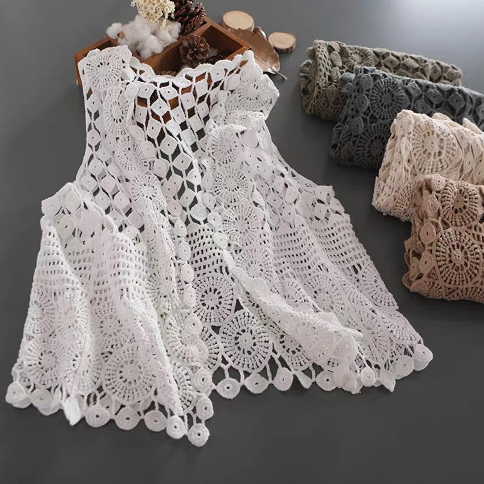 Chaleco sin Mangas de Crochet para Mujer, Estilo étnico, con Agujeros, Tejido geométrico, Color Liso, cárdigan, Blanco