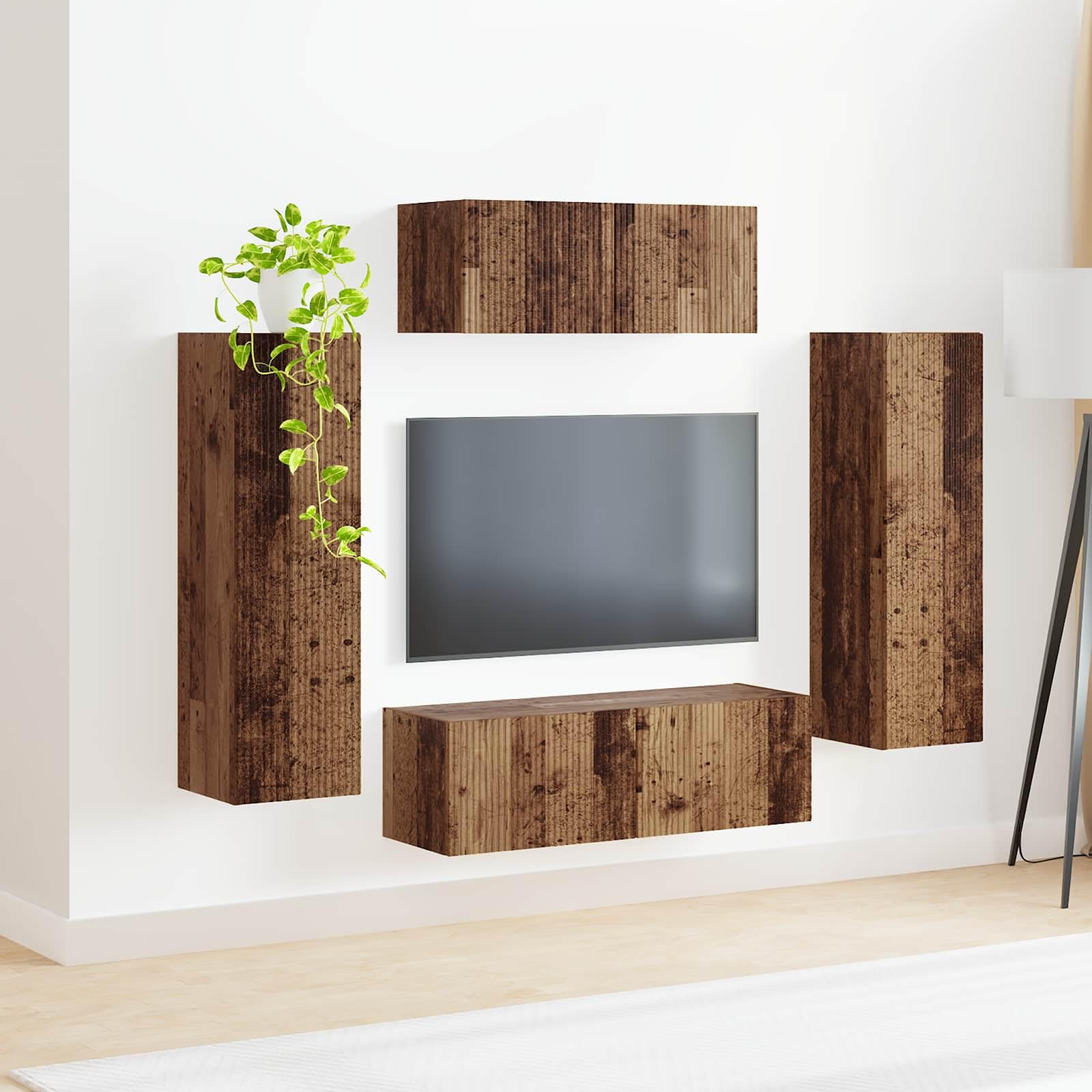Fengshui Zestaw szafek TV 3 szt. Dąb wędzony materiał drewnopochodny | Montaż ścienny, 3 jednostki, elastyczne przechowywanie, nowoczesny design, do salonu