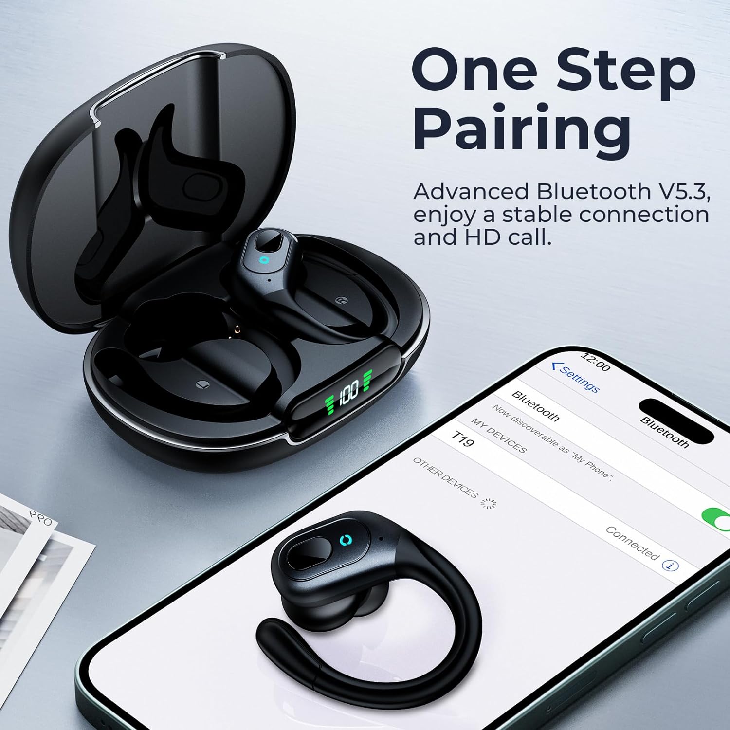 Phone screen showing T19 in Bluetooth device list with earbuds in open charging case