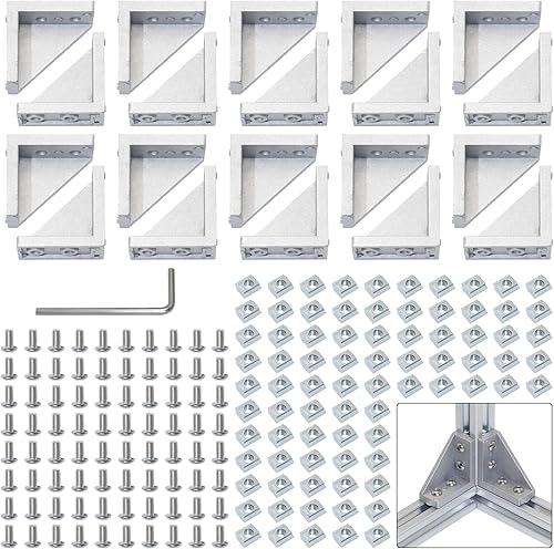CheeMuii Kit de soporte de esquina 2040, 20 soportes de esquina, 80 tornillos hexagonales, 80 tuercas deslizantes y 1 llave hexagonal para ranura de